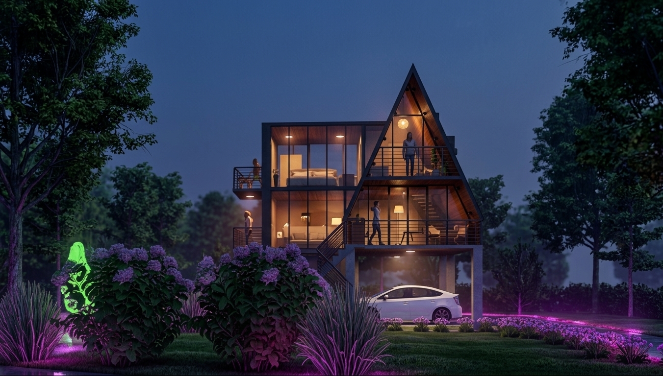 An incredibly lifelike, richly detailed, photorealistic exterior architectural photo of a modern hybrid A-frame villa set in a lush outdoor garden during a cool spring night. The scene is illuminated by a cinematic neon noir lighting scheme, blending warm, amber interior glows from the floor-to-ceiling glass windows with moody electric purple and hot magenta accent lights that trace the wet landscape, creating a dramatic, retro-futuristic atmosphere. Captured with a 35mm tilt-shift lens, emphasizing the sleek textures of charcoal-painted steel beams, polished concrete pillars, and rich dark tropical wood ceilings, the composition beautifully highlights the structure's elevated frame. Underneath the stilts, a pristine white sedan parks over manicured grass, while the foreground is framed by sharp, wet ornamental grasses and blooming spring flower beds glowing softly under the ambient neon, grounding this architectural gem in a vibrant, atmospheric nocturnal landscape.