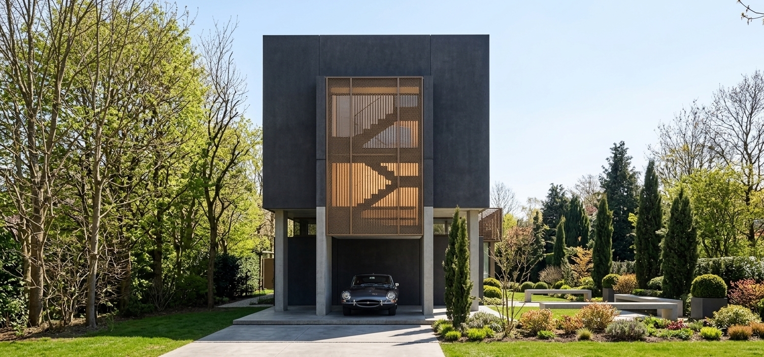 An incredibly lifelike, richly detailed, photorealistic eye-level architectural photo of a retro-futuristic elevated cubic residence set in a lush, manicured spring garden. The scene is illuminated by bright, high-contrast midday spring sunlight, complemented by a warm, inviting interior glow projecting from the central glazed atrium, creating a serene yet high-tech atmosphere. Captured with a professional 35mm tilt-shift lens, emphasizing the matte texture of the dark charcoal concrete cladding, the intricate bronze-mesh facade screen, and the fresh, vibrant green foliage of the surrounding grove. Elevated on sleek, robust pilotis, the main volumetric dwelling floats effortlessly above a sheltered ground-level carport where a polished classic car sits. Flanking the modernist structure are dense, budding deciduous trees to the left and carefully curated cypresses and low-lying spring shrubs to the right, perfectly balancing advanced structural engineering with natural landscape design.