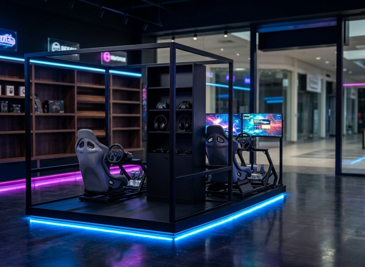 An incredibly lifelike, richly detailed, photorealistic wide-angle interior perspective shot of an ultra-modern dual-cockpit sim racing pavilion set in a sleek, high-end gaming store nestled inside a contemporary commercial mall at night. The scene is illuminated by glowing blue and magenta LED strip lights, under-plinth illumination, and the vibrant screens of the high-definition racing monitors, creating a moody, futuristic, neon-noir atmosphere. Captured with a 35mm f/1.4 lens, emphasizing the satin-black powder-coated steel frame, the textured matte-black MDF finishes, and the metallic sheen of the racing cockpit steering rigs.

The focal point of the image is a minimalist, open-cube structural steel frame finished in a luxurious matte black, defining a dedicated high-tech workshop zone within the store. The entire pavilion rests on a raised plinth made of premium, charcoal-black MDF. Inscribed along the bottom outer edge of this base is an inset LED strip light that projects a vibrant, uninterrupted line of electric-blue light across the glossy, dark-polished concrete floor of the shop.

Inside the pavilion, two state-of-the-art simulator racing cockpits face outward, angled perfectly for premium player experience. Each rig boasts an ergonomic racing bucket seat made of premium matte-gray composite, attached to an adjustable steel frame with professional-grade force-feedback steering wheels and aluminum pedal boards. In front of each seat, a high-definition widescreen gaming monitor displays a colorful space-themed interface, casting cool ambient light onto the seat upholstery. 

Dividing the two stations is a tall, elegant black MDF display cabinet with a fingerprint-resistant satin finish. Built with a concealed bracket system for adjustable shelves, the cabinet is designed to cleanly showcase premium headphones and controllers, complete with hidden routing channels that keep all monitor cabling exquisitely concealed.

In the soft-focus background, the ambient atmosphere of the high-end gaming store at night unfolds. Dark-stained wooden display shelves, soft neon signage, and glass storefront window panels overlooking the deserted mall corridor enhance the deep, cinematic composition. A gentle depth of field draws the eye to the immaculate textures of the simulators, making this an exquisite vision of modern retail and gaming design.