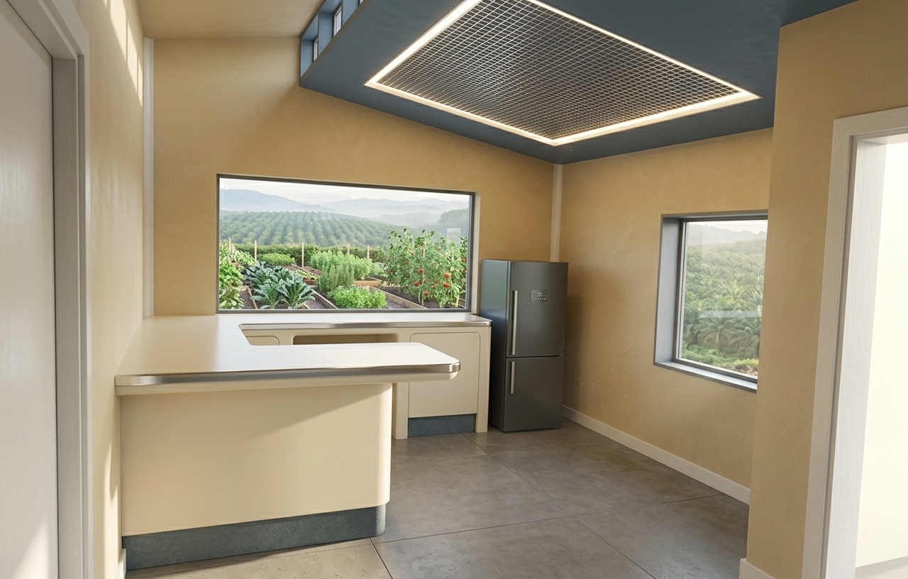 An incredibly lifelike, richly detailed, photorealistic interior photo of a sleek retro-futuristic kitchen set in a serene rural countryside. The scene is illuminated by bright, natural morning sunlight streaming through the large panoramic windows, creating a warm, nostalgic, and airy atmosphere. Captured with a professional 24mm wide-angle lens, emphasizing the clean geometric lines, polished surfaces, and the seamless transition between the interior and the lush outdoors. 

The kitchen features a smooth, sculpted cream-colored laminate island with subtle chrome edging, paired with a minimalist charcoal-grey smart refrigerator that speaks to a mid-century space-age aesthetic. Above, a recessed slate-blue ceiling panel houses integrated strip lighting, casting a soft glow onto the warm ochre-toned plaster walls and the matte grey poured concrete flooring. Through the expansive horizontal windows, a vibrant, neatly arranged kitchen garden thrives in the foreground, leading the eye out to the rhythmic, sprawling rows of a misty tropical rubber plantation that stretches beautifully into the distance.