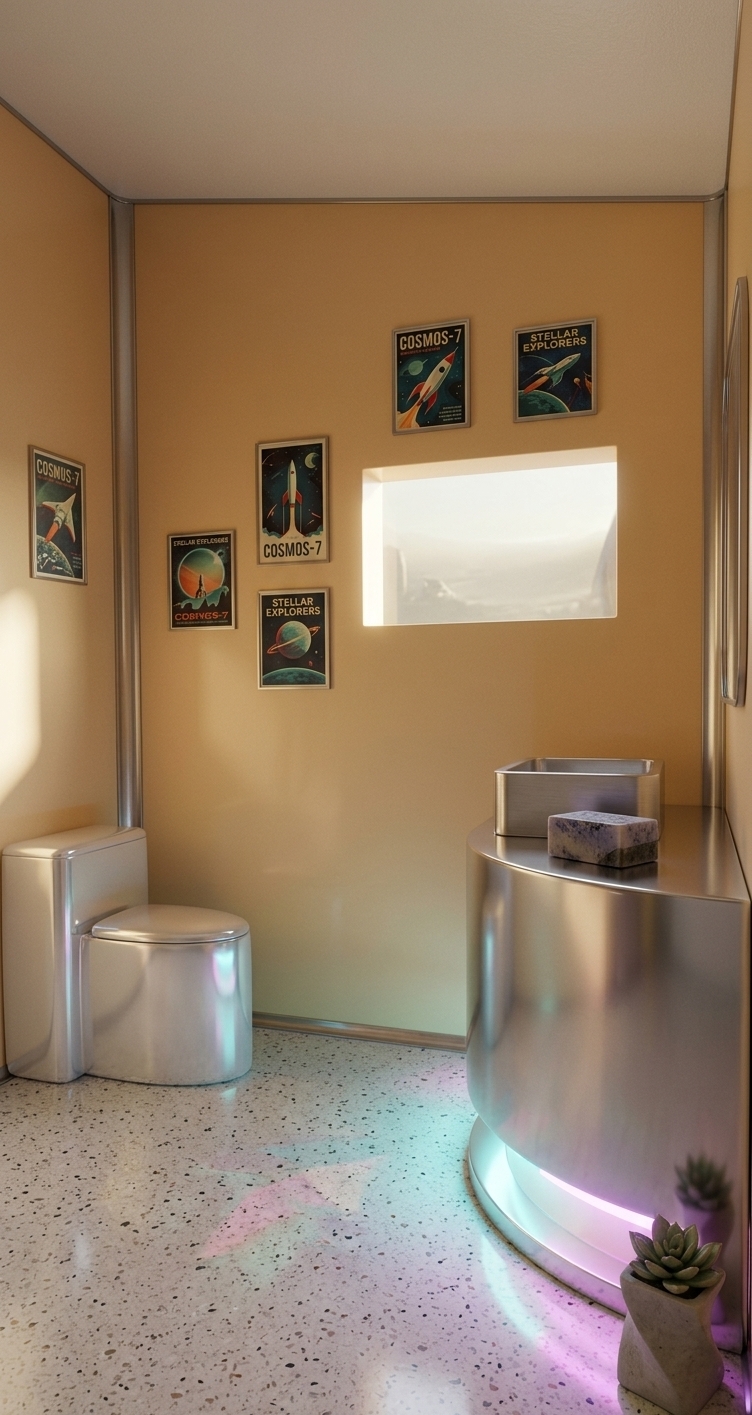 An incredibly lifelike, richly detailed, photorealistic interior photo of a retro-futuristic bathroom set in a stylized space-age residence. The scene is illuminated by glowing neon under-counter lights and soft ambient daylight filtering through the high rectangular window, creating a nostalgic, mysterious sci-fi atmosphere. Captured with a wide-angle 35mm lens, emphasizing the clean geometric silhouettes, smooth pastel walls, and polished metallics, the composition evokes a spread from a high-end photography book. On the left, a streamlined, capsule-shaped toilet in glossy white-metallic finish serves as a minimalist sculptural piece. Opposite, a curved, streamlined vanity clad in reflective metallic silver holds an integrated rectangular brushed-aluminum basin. The ochre-toned walls are adorned with vintage sci-fi poster art, while a small, stylized indoor plant adds a touch of organic warmth to the sleek, space-age environment.