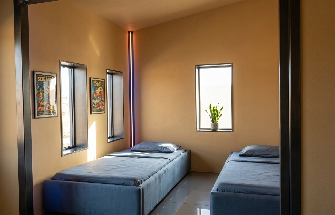 An incredibly lifelike, richly detailed, photorealistic wide-angle interior photo of a retro-futuristic bedroom set in a stylized space-age habitat. The scene is illuminated by bright afternoon light pouring through deep-set geometric windows complemented by subtle, warm neon backlighting along the seams, creating a nostalgic, serene, and bold atmosphere. Captured with a professional medium-format camera and a wide 24mm lens, emphasizing the smooth, matte texture of the ochre-plastered walls, the sleek metallic frames, and the soft, satin finish of the slate-blue twin platform beds. Vintage sci-fi posters are framed on the walls, adding splashes of vibrant color, while a neat, glossy floor reflects the ambient glow. Mid-century modern accents and a lush indoor plant tucked near the window ledge soften the streamlined, geometric architecture, evoking a perfectly curated page from a high-end retro-futurism photography book.