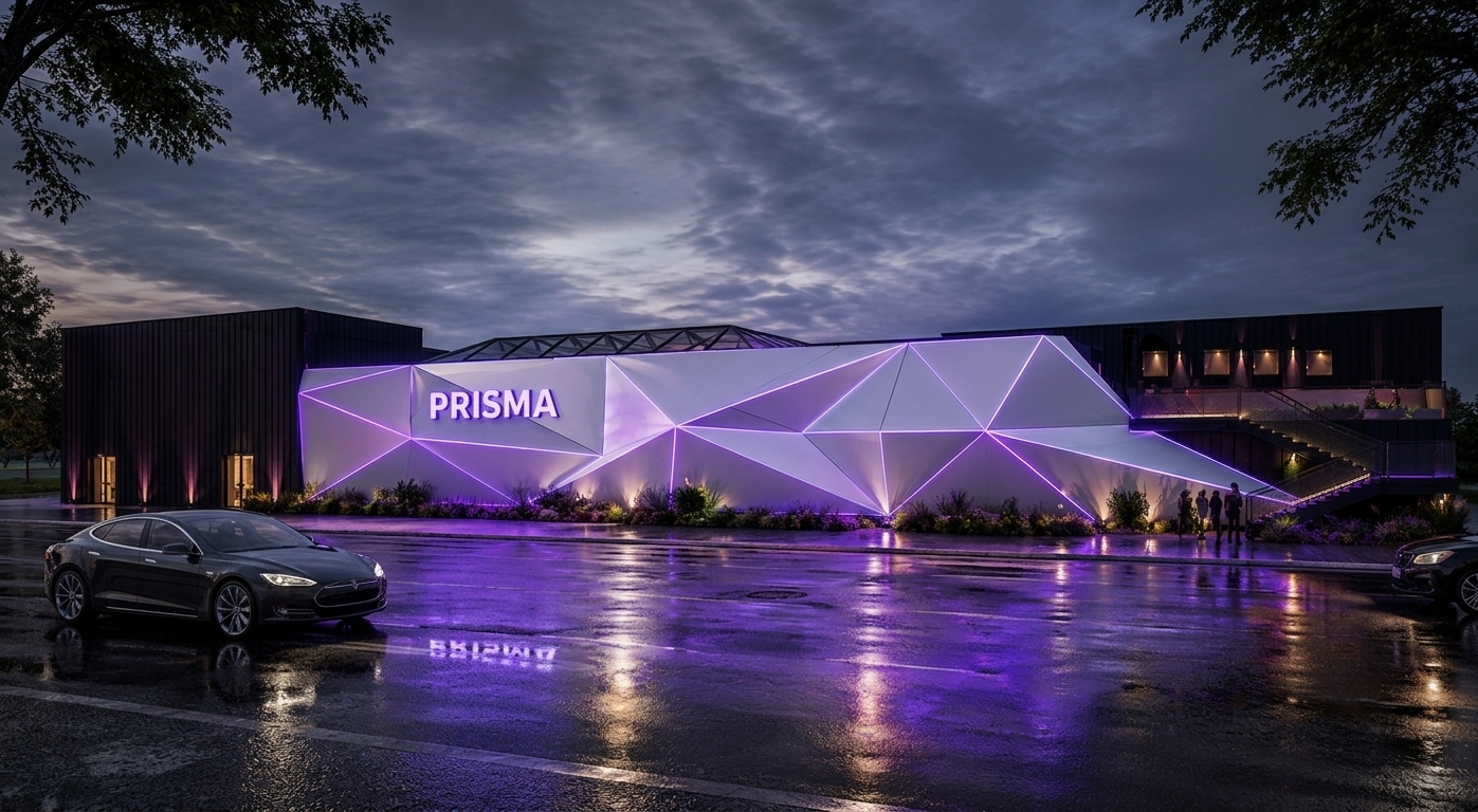 A photorealistic wide-angle architectural photograph capturing this modern event venue during twilight, shot with a professional DSLR to capture rich color depth and natural textures. The damp, wet asphalt road in the foreground glistens realistically, showing fine grain, shallow puddles, and broken reflections of the vibrant purple neon geometric bands and the glowing "PRISMA" lettering. The white faceted facade of the building has a matte, slightly textured architectural panel finish, catching the purple grazing light with smooth gradients and delicate shadow details along the panel seams. The dark vertical-paneled buildings to the left and right exhibit subtle metallic textures, caught softly by warm downlights. Above, the overcast dusk sky is filled with soft, deep-blue and grey cloud formations, casting a cool, ambient light over the entire scene. Natural photographic imperfections, such as very fine film grain, subtle lens vignetting at the corners, and authentic wet-surface reflections on the landscaping foliage and parked cars, ground the image in reality while preserving the exact composition, camera angle, and structural elements.