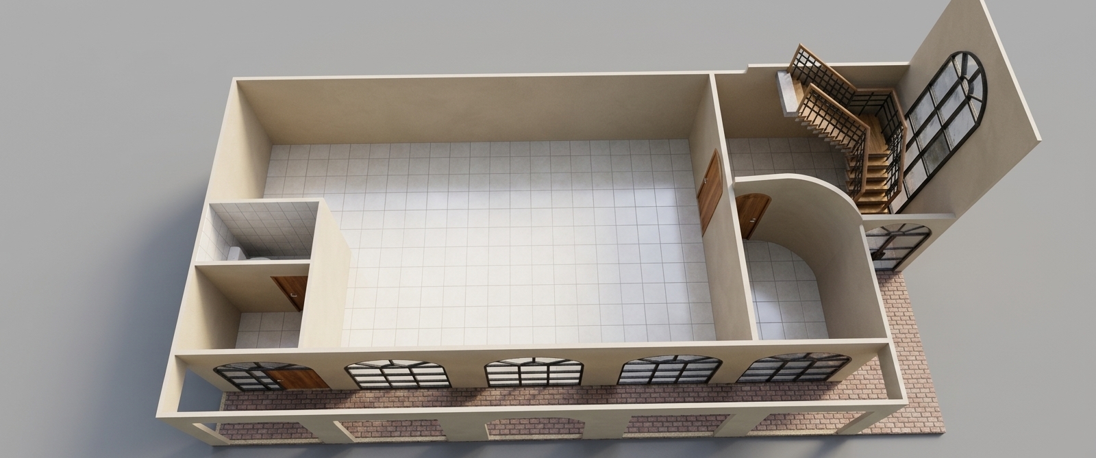 A high-end architectural maquette of a building's interior layout, maintaining the exact perspective, geometry, and structure from the original image. The walls are made of smooth, matte-finished beige plasterboard with crisp, realistic edges that softly catch the light. The interior floors feature semi-gloss ceramic tiles with thin, realistic grey grout lines and soft, diffused light reflections. On the right, the winding staircase is crafted from warm oak wood with distinct grain, flanked by a detailed black handrail and balustrade with a metallic sheen. The wooden doors show rich, natural grain patterns, while the arched windows are fitted with dark charcoal-gray steel frames and clear glass. The exterior walkway is paved with realistic miniature bricks showing natural color variations and sandy grout. The entire scene is photographed in a professional studio with soft, diffused key lighting from the side, creating gentle, realistic shadows in the corners and defining the depth of the rooms, shot with a sharp prime lens on a full-frame camera to capture realistic surface micro-textures, subtle dust motes, and a natural, clean, three-dimensional aesthetic.
