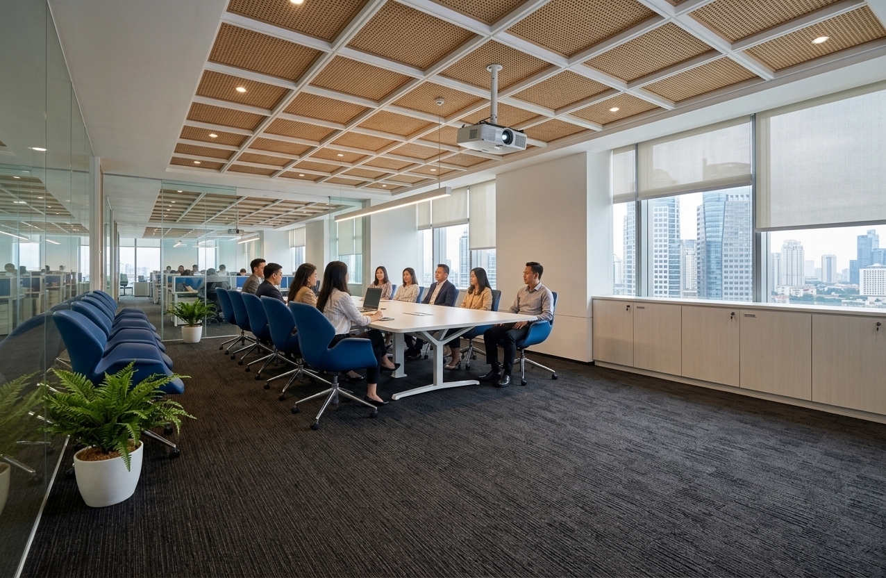 An incredibly lifelike, richly detailed, photorealistic wide-angle interior photo of an elegant contemporary meeting room set in the Prasetya Mulya campus on the 3rd floor in South Jakarta. The scene is illuminated by bright daylight streaming through floor-to-ceiling windows and warm downlights arranged within a ceiling grid, creating a bright and professional atmosphere. Captured with a professional 16-35mm tilt-shift lens, emphasizing the fine textures of the dark carpet flooring, the elegant synthetic rattan ceiling panels, and the sleek furnishings. 

At the center of this modern space sits a long, white-topped conference table supported by a sturdy, white powder-coated steel frame outfitted with integrated pop-up media sockets. Eight business professionals are seated in stylish blue Indachi ergonomic swivel chairs, actively listening to a presenter who stands confidently at the head of the table, utilizing the ceiling-mounted projector. The ceiling is a masterclass in modern design, combining pristine white-painted gypsum board with an eye-catching recessed up-ceiling featuring a grid of woven synthetic rattan panels. To the right, floor-to-ceiling exterior glass panels offer a panoramic metropolitan view of South Jakarta's towering high-rise buildings. On the left, a floor-to-ceiling glass partition seamlessly connects the meeting space to the outer corridor, revealing a vibrant visual depth filled with employees working at their respective cubicle workstations, embodying a perfectly integrated, collaborative, and highly professional corporate ecosystem.