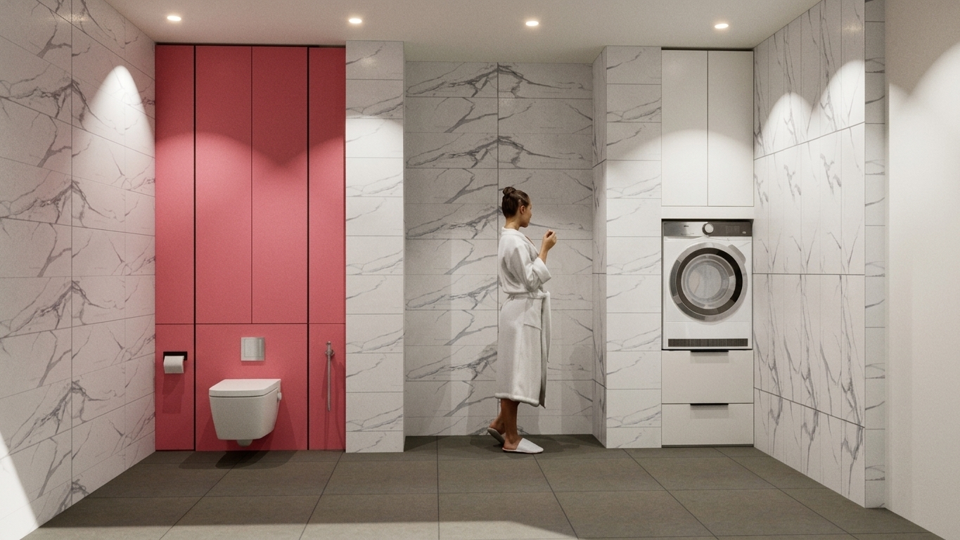 An architectural photograph of a modern luxury bathroom, captured on a professional medium format camera with a wide-angle lens, maintaining perfect vertical perspective and a straight-on, level composition. The scene is bathed in soft, warm, diffused ambient light, coupled with gentle downlighting from the recessed ceiling spotlights that cast realistic, soft-edged cones of illumination, creating a delicate and natural color temperature that beautifully enhances the existing palette. The prominent matte pink accent panel wall behind the white ceramic wall-mounted toilet has a realistic satin finish, catching subtle edge reflections. The surrounding white walls are clad in honed marble tiles with natural, realistic grey veining that displays a soft sheen, separated by thin, clean grout lines. The dark grey tiled floor features a realistic matte, slip-resistant texture that absorbs and scatters the light. In the laundry alcove, the glossy glass door of the washing machine shows faint, authentic reflections of the room. The woman standing in the center is captured with natural skin texture, her plush white bathrobe showing a realistic fabric weave that folds naturally around her. The final image has the rich, tangible quality of a real photograph, complete with subtle, natural imperfections like delicate lens vignetting at the corners, extremely faint chromatic aberration on the high-contrast edges, and a gentle, organic film grain that removes any computerized perfection.