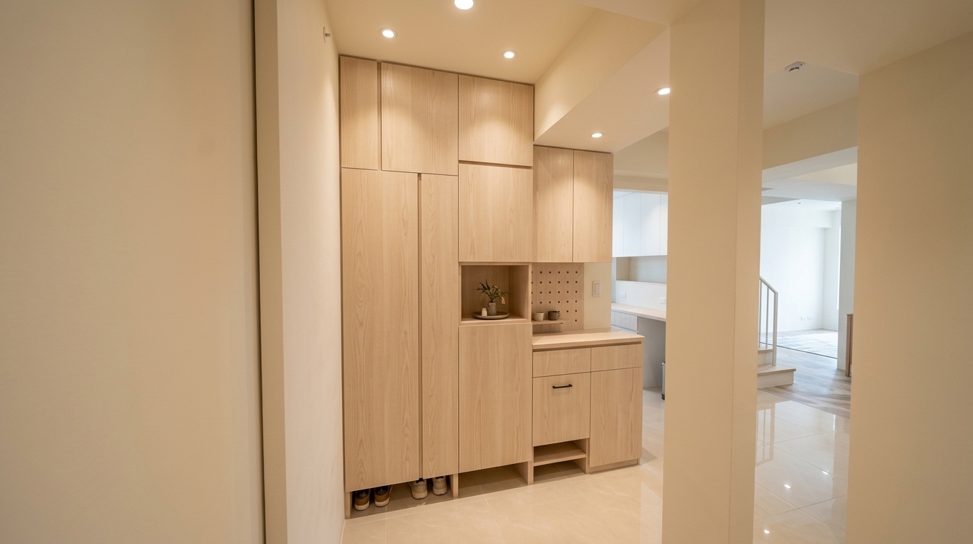 An incredibly lifelike, richly detailed, photorealistic wide-angle interior photograph of a modern residential entryway set in a tranquil, minimalist haven inspired by the serene warmth of a Japanese onsen. The scene is illuminated by warm, soft recessed ceiling spotlights and a gentle glow from the adjacent room, creating a peaceful, clean, and deeply relaxing atmosphere. Captured with a professional 24mm lens, emphasizing the fine, tactile grain of the light blonde wood cabinetry, seamless matte beige walls, and the flawless alignment of the custom millwork.

Maintaining the original serene, cream-and-light-wood color palette, this entryway foyer features a floor-to-ceiling storage system crafted from elegant light ash wood. The cabinetry is designed with a floating base, allowing a neat glimpse of footwear tucked underneath on the highly polished, large-format beige floor tiles. A central open display niche showcases elegant minimal styling, sitting beside a charming wooden pegboard panel adorned with small cups on a tiny shelf. The crisp lines, subtle shadow gaps, and soft reflections on the floor evoke the high-end, meditative simplicity of a luxury spa retreat, seamlessly guiding the eye toward the bright, airy hallway beyond.