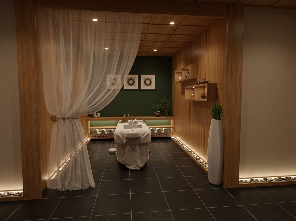 An incredibly lifelike, richly detailed, photorealistic wide-angle interior photograph of a private massage room set in a luxury mountain hotel spa reminiscent of a modern Japanese onsen. The scene is illuminated by soft, dim, warm ambient light emanating from recessed ceiling spotlights, glowing floating shelves, and low-level floor-side pebble trays, creating a deeply relaxing, cozy, and zen-like atmosphere. Captured with a professional 35mm architectural lens, emphasizing the rich grain of the honey-toned wood panels, the plush texture of the draped massage table, and the smooth, matte finish of the dark floor tiles. 

Framed by a prominent timber archway, the space centers on a pristine massage table prepared with fresh, folded white towels and spa accessories. A delicate, sheer white curtain is elegantly tied back to the left, introducing a soft, ethereal texture to the warm wood-clad walls. Against the deep forest-green accent wall at the rear, a trio of minimalist framed circular artworks adds to the meditative design. Underlit floating timber shelves display curated spa elements, while a tall, slender white ceramic vase on the right holds vibrant green reeds, completing this ultimate mountain escape designed for peaceful rejuvenation.
