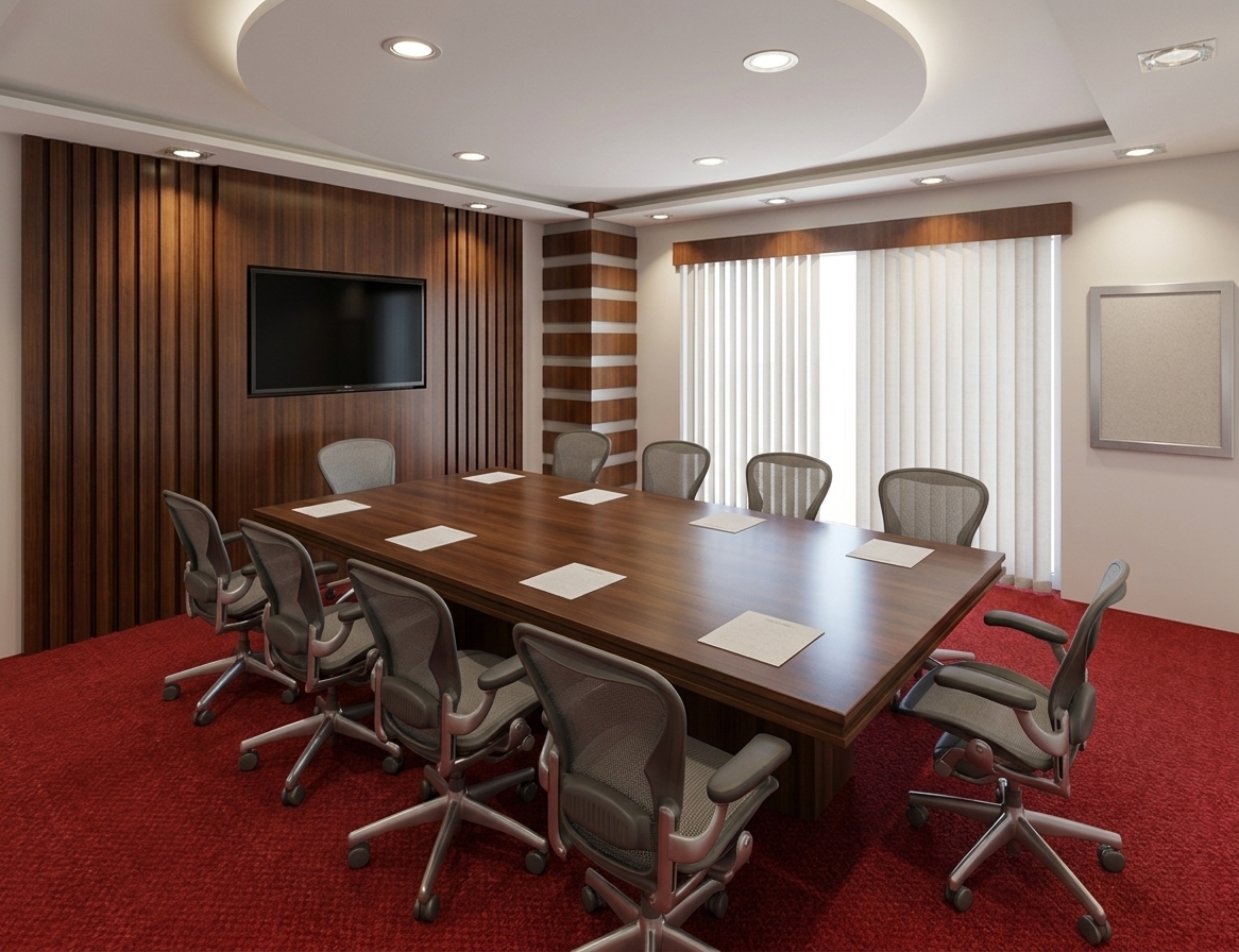 An architectural photograph of a modern, professional boardroom, shot at a wide-angle perspective with crisp detail and natural compositions. A large, polished mahogany conference table sits at the center, its semi-gloss wooden surface catching soft reflections from the overhead lighting and displaying subtle, realistic wood grain and microscopic surface highlights. Surrounding the table are ergonomic office chairs with detailed dark grey woven mesh backrests, matte-textured plastic armrests, and brushed aluminum bases that rest on a rich, low-pile deep red commercial carpet showing realistic plush fiber textures and subtle tracking. The left wall features elegant vertical dark wood paneling with a flat-screen TV screen mounted seamlessly, while the opposite wall features a matte white plaster finish next to vertical window blinds. Warm, soft light emanates from recessed circular ceiling spotlights, casting gentle, natural pools of light down onto the table, contrasted by soft diffuse daylight filtering through the vertical blinds in the background to create a balanced, mixed-lighting atmosphere. The ceiling has a clean, recessed circular plaster design with soft drop shadows, and the entire scene is captured with sharp corner-to-corner focus, natural depth of field, and a delicate touch of realistic lens bloom and faint photographic grain.