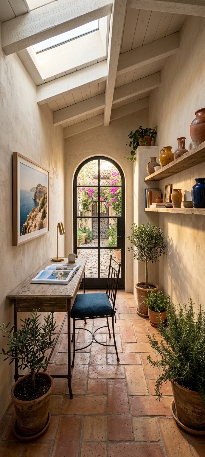 An incredibly lifelike, richly detailed, photorealistic wide-angle interior photo of a transformed home office set in a beautiful, sun-drenched Mediterranean retreat. The scene is illuminated by warm, golden afternoon sunlight flooding through a newly designed arched glass door at the far end and a high skylight, creating a relaxed, earthy, and deeply inviting atmosphere. Captured with a Hasselblad H6D-100c and a 24mm wide-angle lens, emphasizing the organic textures of hand-applied limewash stucco, aged terracotta tiles, and the tight, elegant grain of rustic wooden furniture.

Where a cluttered, narrow storage corridor once stood, this reimagined space utilizes its unique proportions to create an intimate, highly functional sanctuary. The rough concrete floors have been replaced with beautiful, unevenly laid terracotta tiles that radiate warmth underfoot. The side walls are finished in a tactile, warm-neutral plaster that catches the light beautifully, while the sloped ceiling features exposed, whitewashed wooden beams that lift the height of the room.

To maximize the narrow layout, a slim, elegant writing desk made of distressed rustic wood and supported by slender wrought-iron legs rests against the main wall. Tucked neatly underneath is a matching wrought-iron chair upholstered with a comfortable, deep Tyrrhenian sea-blue linen cushion. On the desk, an open, high-end photography book showcasing coastal landscapes lies next to a simple ceramic mug and a minimal brass lamp. Hanging directly above the desk is a beautifully framed piece of Mediterranean landscape wall art, depicting a rugged, sun-bleached cliffside overlooking a sparkling azure sea, tying the room's color scheme together.

Bringing life into this coastal harbor, a variety of indoor plants, including a small potted olive tree and a trailing rosemary bush, rest in weathered terracotta pots along the floor and on floating reclaimed wood shelves. These shelves also host a curated collection of antique ceramic vases, books, and small decorative items in shades of terracotta, ochre, and deep blue. The far metal door has been replaced with a stunning, black-framed classic arched iron and glass door, which looks out onto a private, cobblestone courtyard filled with climbing bougainvillea, seamlessly blending the interior workspace with the romantic, outdoor Mediterranean landscape.