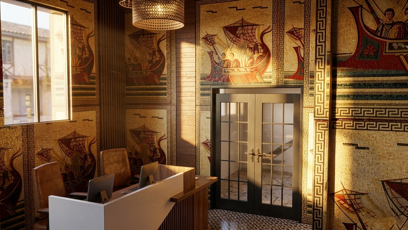 A professionally shot photograph of this lobby interior, bathed in dramatic, warm golden-hour sunlight streaming through the window to create a beautifully illuminated space. The atmospheric lighting is rich and cinematic, with soft, visible beams of light slicing through the air and catching microscopic dust motes in their path. The intricate mosaic designs on the walls are rendered with realistic physical detail, showing the slightly uneven, tactile surfaces of individual small tiles with varying semi-gloss and matte glazes that catch the low-angle sun. The woven pendant lamp glows with a soft, warm amber light, casting subtle weave patterns onto the ceiling. The reception desk features rich, natural wood-grain textures with a realistic satin finish, while the leather office chairs display authentic micro-creases and minor surface wear. The double glass doors exhibit realistic reflections on the panes with minor, natural smudges, and the entire scene is captured on a high-end camera with a sharp wide-angle lens, featuring a very fine, organic film grain and faint chromatic aberration at the borders to ensure a convincingly real, physical photograph.