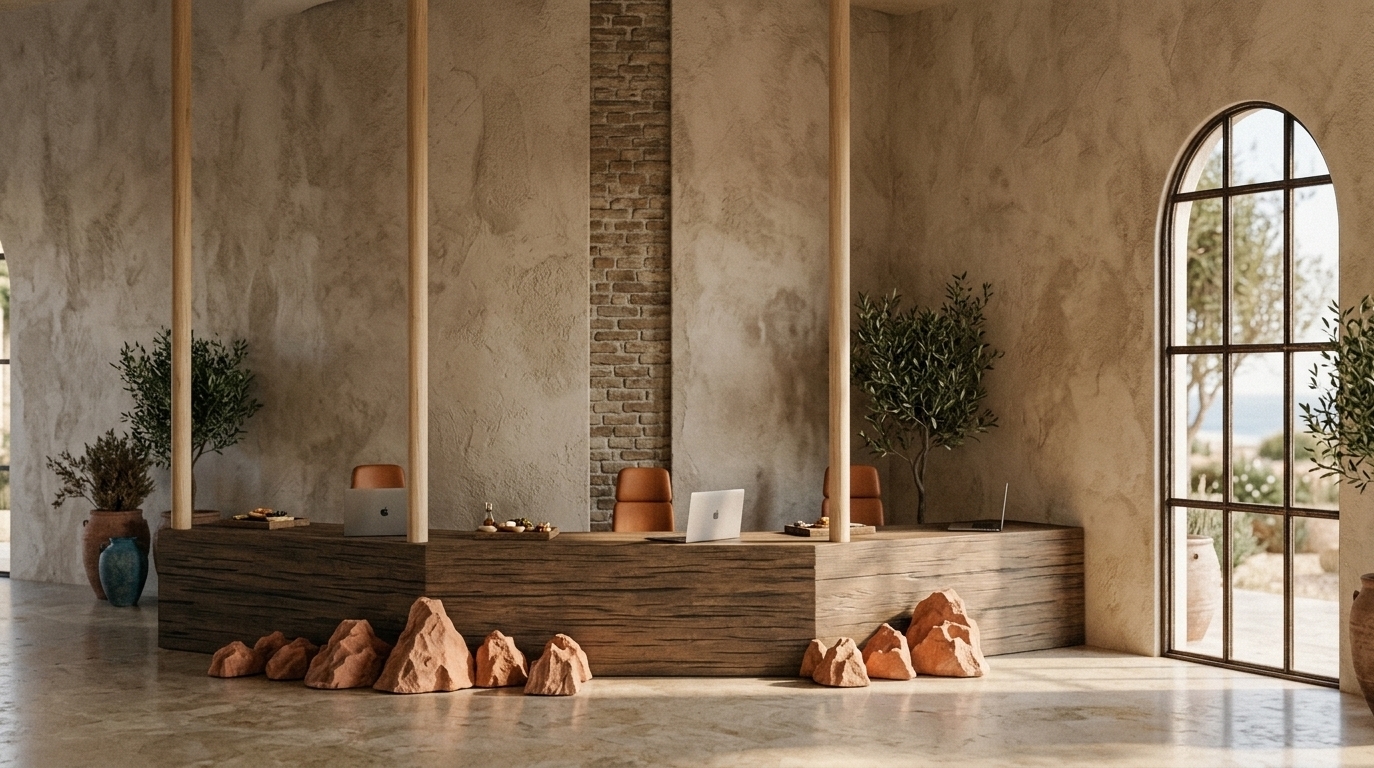 An incredibly lifelike, richly detailed, photorealistic medium eye-level interior photo of a welcoming reception desk set in a casual, sun-drenched Mediterranean retreat hotel lobby. The scene is illuminated by warm, natural coastal sunlight filtering through nearby openings, creating a relaxed, earthy, and inviting atmosphere. Captured with a professional 35mm camera, emphasizing the tactile plaster walls, rich wooden grains, and coarse organic textures, the composition highlights a prominent reception counter meticulously crafted from rustic, dark-grooved wood, its angular design grounded by clusters of raw, terracotta-toned natural stones spilling across the polished floor. Three slender, pale wood pillars stretch vertically, framing the workspace where minimalist laptops and cognac-leather chairs await. The curved surrounding walls feature an aged, textured plaster finish in warm neutrals, accented by a central vertical strip of rustic stone brickwork and flanked by dramatic arched wrought-iron window frames that elevate the historic architectural feel. Hints of Mediterranean-inspired decor, indoor plants, and a palette of warm earth tones, soft terracotta, and coastal blues come together to create a space that feels deeply authentic, casual, and elegant, perfect for a high-end travel photography book.