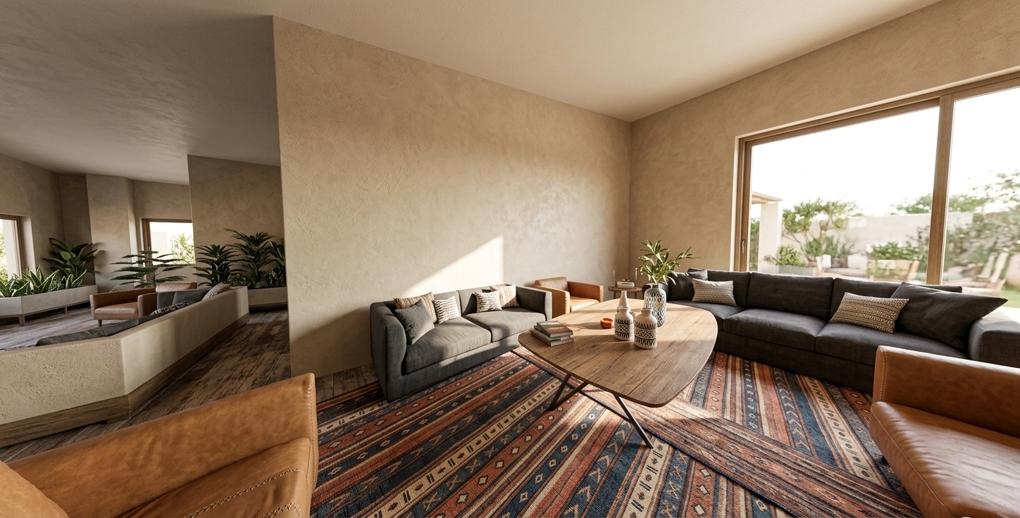 An incredibly lifelike, richly detailed, photorealistic wide-angle interior photo of an open-concept living room set in a sun-drenched Mediterranean retreat. The scene is illuminated by brilliant, direct daylight streaming through a large glass window, creating a warm, relaxed, and earthy atmosphere with distinct, soft-edged shadows. Captured with a professional 24mm lens, emphasizing the tactile plaster on the textured beige walls, the fine grain of the triangular rustic wooden coffee table on wrought iron legs, and the rich, woven fibers of the geometric rugs patterned in shades of terracotta, deep marine blue, and warm neutrals. In the foreground, plush modern seating—including a dark charcoal sofa adorned with patterned pillows and a warm tan leather low-profile chair—surrounds the table, which holds styled photography books and artisanal ceramic vases with minimalist green branches. Lush indoor plants are nestled in the corners, adding a touch of vibrant, coastal-inspired life that harmonizes with the casual, inviting character of the space.