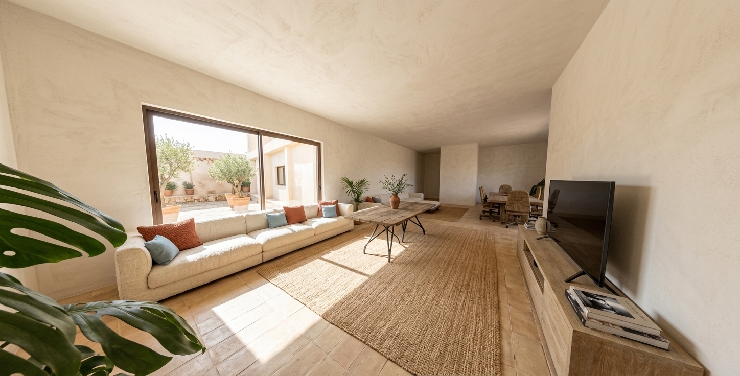 An incredibly lifelike, richly detailed, photorealistic interior photo of a spacious, open-concept living room set in a luxurious Mediterranean retreat. The scene is illuminated by bright, sun-drenched daylight pouring through expansive sliding glass doors, creating a warm, relaxed, and incredibly inviting atmosphere. Captured with a professional 24mm wide-angle lens, emphasizing the organic, textured surfaces and the earthy color palette of terracotta, ocean blues, and warm neutrals. 

The long, low-slung sectional sofa is upholstered in a heavily textured, cream-colored linen, decorated with plush clay-red terracotta and soft coastal blue cushions. Underfoot, a large, woven natural jute rug grounds the central dining area, showcasing a rustic, weathered wooden table supported by hand-forged black wrought-iron legs, topped with a simple clay vase of delicate olive branches. To the right, a low-profile media console made from aged, lime-washed oak holds a sleek flat-screen television alongside a stacked, high-end photography book and rustic artisanal stoneware. The walls boast a subtle, hand-troweled stucco texture, catching the warm afternoon light, while a lush monstera plant in the foreground casts soft, organic shadows on the warm quarry-tiled floor, completing this tranquil coastal sanctuary.
