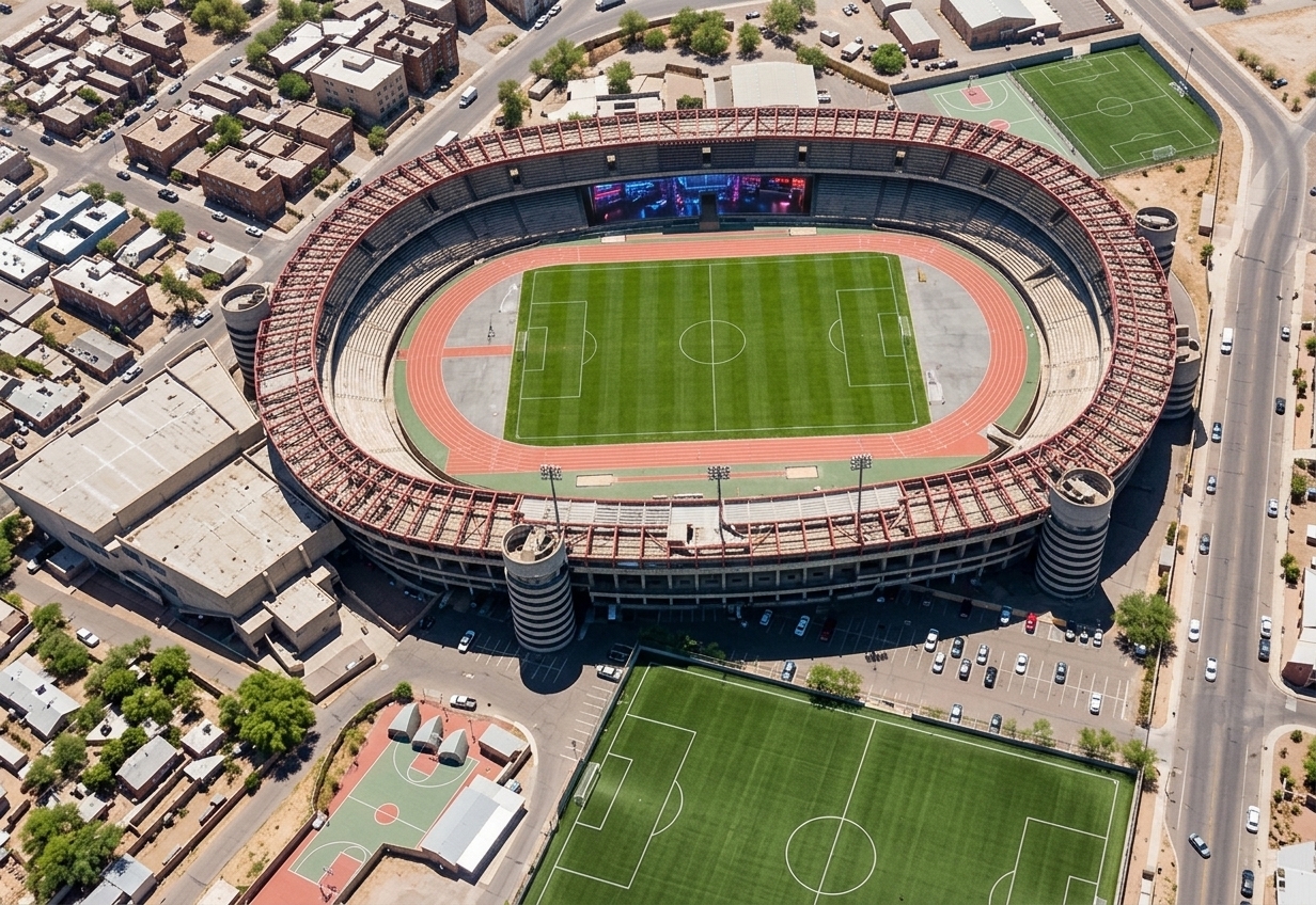 An incredibly lifelike, richly detailed, photorealistic aerial bird's-eye photo of a monumental stadium remodel set in a sprawling urban desert retreat. The scene is illuminated by bright, direct midday sunlight, creating a grandiose and awe-inspiring atmosphere. Captured with a high-resolution drone camera, emphasizing the weathered concrete textures, rigid steel frameworks, and the vibrant green grass of the pitch. While maintaining the stadium's original classic oval structure and running track, spectacular architectural modifications have been integrated: massive, cylindrical concrete spiral towers and a heavy-duty red space-frame roof—inspired directly by Milan’s iconic San Siro Stadium—now frame the arena. Nestled within the stadium's upper deck, a luxury skybox has been converted into a futuristic gaming room, glowing with neon LED lights that reflect off the expansive glass facade overlooking the historic pitch below.