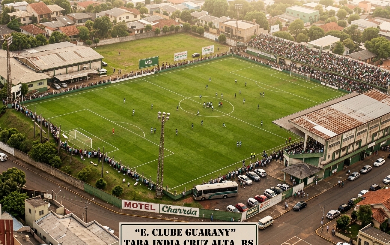 An incredibly lifelike, richly detailed, photorealistic high-angle aerial shot of the historic Guarany Football Stadium set in an urban neighborhood of Cruz Alta. The scene is illuminated by warm, haze-filtered afternoon sunlight, creating a nostalgic yet vibrant atmosphere. Captured with a professional high-definition lens, emphasizing the incredibly realistic, lush green textures of the renovated turf field, the sharp white boundary lines, the individual players in motion, and the sharp definition of the surrounding stadium structures, spectators, vehicles, and neighboring residential houses, elevating the original retro photo into a highly detailed, modern architectural capture.