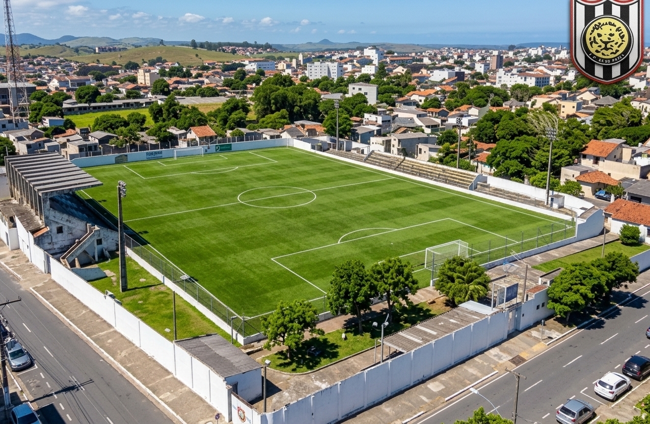 An incredibly lifelike, richly detailed, photorealistic wide-angle aerial drone shot of an urban football stadium set in a coastal town environment. The scene is illuminated by brilliant midday sunlight, creating a fresh, energetic atmosphere cooled by a simulated coastal breeze. Captured with a professional-grade medium format camera, emphasizing the incredibly sharp, dense textures of a rejuvenated, vibrant emerald-green lawn, the stark white perimeter walls, and the aged architectural details of the concrete grandstands. The image holds the crisp definition of a next-gen sports gaming room render, featuring ultra-clear surrounding streets, lush trees, and rolling distant hills that bring this classic pitch to life with enhanced color contrast and pristine clarity.
