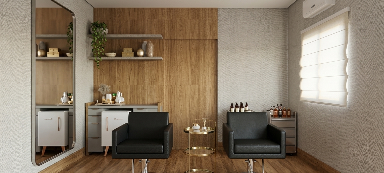 A professional photograph of a minimalist salon interior, captured with a wide-angle lens from a straight-on eye-level perspective under the clean, bright morning light of a spring sunrise. The walls are covered in a subtly textured, light-grey fabric wallpaper with a fine herringbone weave, catching the delicate side lighting. At the back, a vertical slatted natural wood paneled wall and a matching uniform light oak floor radiate a warm peach undertone, showcasing organic grain and a smooth matte finish. Against this wood backdrop, two floating metal shelves hold a ceramic pot with a trailing green plant and decorative accessories, mounted above a light grey credential station containing a compact white retro minibar and a small coffee setup. Two contemporary black leather styling chairs with polished chrome bases are positioned symmetrically, reflecting the room's soft light. A multi-tiered circular glass and brushed-brass cart sits between them, next to a black utility trolley holding various amber glass bottles with realistic liquid reflections. On the left wall, a large, rounded rectangular mirror in a slim copper frame reflects the clean studio scene. On the right, soft natural light filters through a neatly folded cream fabric Roman blind on the window, beneath a sleek white wall-mounted air conditioning unit. The lighting is naturally soft and diffuse, creating subtle, soft-edged shadows, realistic reflections on the glass and metallic surfaces, and a crisp, authentic photographic quality with organic depth and micro-textures.