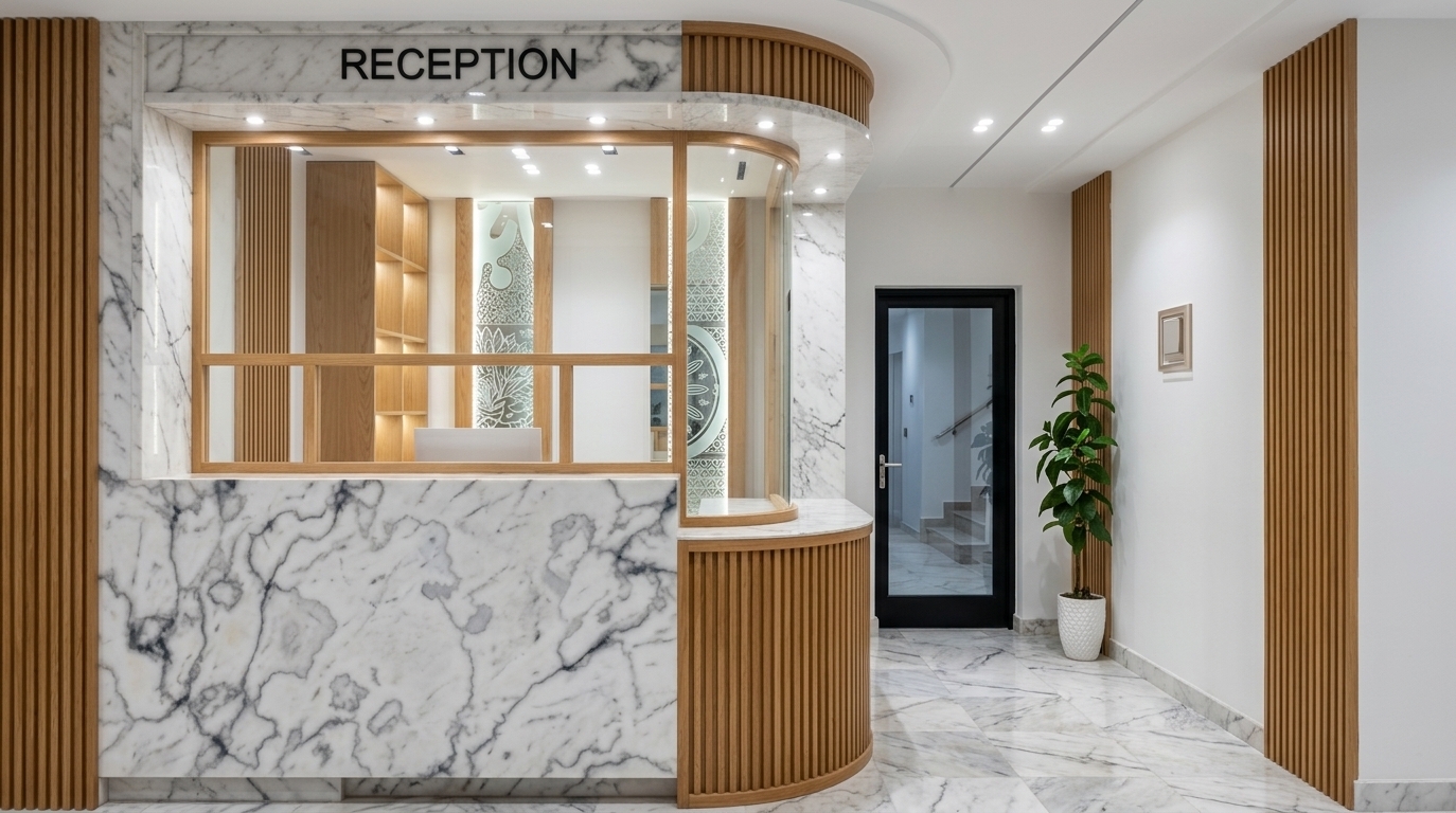 An incredibly lifelike, richly detailed, photorealistic wide-angle interior photograph of a modern minimalist reception lobby set in a professional office with a digital zen aesthetic. The scene is illuminated by bright, clean, recessed overhead LED spotlights, creating a serene, bright, and sophisticated atmosphere. Captured with a high-end architectural camera and a 24mm tilt-shift lens, emphasizing the rich textures and finishes, particularly the polished white marble with its intricate gray veining and the smooth, warm oak wood slats of the curved counter. The reception booth features a clean glass enclosure with light wooden frames, topped by a bold 'RECEPTION' sign in black lettering against a marble header. To the right, the polished marble floor tiles lead past a sleek black-framed glass door and a vibrant, minimalist potted plant, while vertical fluted wall cladding on either side frames the view, executing a perfect balance of organic warmth and modern minimalism.