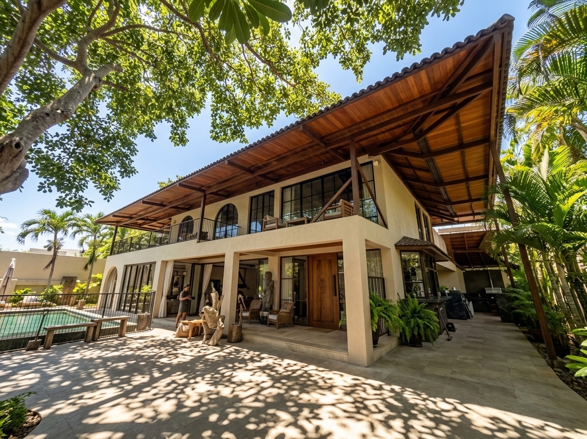 An incredibly lifelike, richly detailed, photorealistic wide-angle architectural photo of a luxurious Bali-style and Mediterranean hybrid retreat house exterior set in a lush, tropical estate. The scene is illuminated by the intense, bright glare of the midday summer sun, filtering through a dense overhead canopy to cast dynamic, dappled shadows across the smooth stone courtyard, creating a warm, tranquil, and high-end holiday atmosphere. Captured with a professional 35mm wide-angle lens, emphasizing the rich grains of the exotic timber, the subtle texture of the warm cream stucco walls, and the crisp reflections in the glass, this structure perfectly reimagines the original raw frame into a finished masterpiece. The ground level features robust, sand-colored plaster columns framing a grand, oversized solid-carved teak main door and expansive floor-to-ceiling French windows that hint at a breezy, open-plan living space inside. On the second level, elegant black iron-framed French windows open onto a spacious terrace with minimalist railings, all sheltered under a dramatic, deep-eaved overhanging roof lined with a polished warm wood ceiling and exposed timber rafters. Lush tropical palms and vibrant green ferns frame the right of the villa, while the matured foliage of a large tree sweeps in from the top left, grounding the modern tropical retreat seamlessly into its natural, sun-drenched environment.