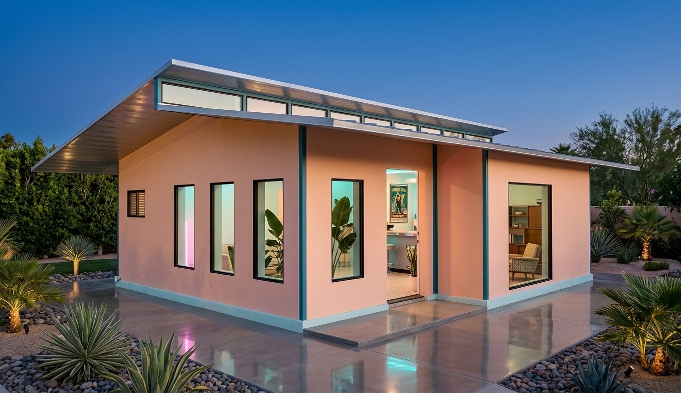 An incredibly lifelike, richly detailed, photorealistic wide-angle architectural photo of a retro-futuristic boutique hotel lobby pavilion set in a lush, manicured desert oasis under a twilight sky. The scene is illuminated by a dramatic blend of golden dusk light and vibrant neon accents glowing from within, creating a nostalgic yet ultra-modern space-age atmosphere. Captured with a medium-format Hasselblad camera, emphasizing the contrast between smooth pastel-peach plaster walls and a streamlined brushed-aluminum roof, the building’s geometric, low-slung form features an overhanging metallic canopy supported by teal-painted structural steel. Through the tall, narrow vertical window openings and wide doorways, a stylized interior is revealed, showcasing mid-century modular furniture, polished terrazzo flooring, large-leafed indoor plants, and framed vintage sci-fi poster wall art. Crisp reflections on the polished concrete platform and the bold, space-age silhouettes elevate this composition into a striking, publication-ready vision of mid-century optimism.