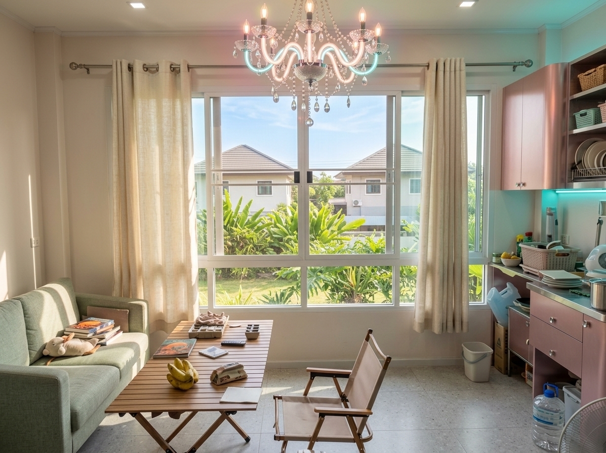An incredibly lifelike, richly detailed, photorealistic wide-angle interior photo of a retro-futuristic kitchen and integrated dining lounge set in a sun-drenched modern apartment. The scene is illuminated by brilliant natural sunlight streaming through a massive central window, blended with soft, glowing neon accents in pastel pink and turquoise, creating a nostalgic, space-age, and vibrant atmosphere. Captured with a Hasselblad medium format camera, 24mm lens, emphasizing the polished metallic surfaces, glossy terrazzo texture, and sharp architectural geometries.

The original space is transformed into a streamlined, high-design culinary haven. On the right, the kitchen counter is replaced by curving, space-age cabinetry in a soft pastel pink with seamless brushed-chrome pulls and an integrated, glowing turquoise neon under-cabinet strip. On the left, a cozy eating alcove features a curved mid-century banquette clad in mint-green leather, wrapping around a glossy, kidney-shaped white fiberglass table. Atop the table rests an open, heavy-paged photography book showing vintage Martian landscapes. Opposite sits a glossy white molded pod chair with a plush, dusty-rose seat cushion. The plaster walls are painted a clean, muted sage and adorned with geometric, framed vintage sci-fi poster wall art that injects bold graphic contrast. Overhead, the crystal chandelier is replaced by an iconic chrome sputnik light fixture that radiates glowing neon rings over the polished grey terrazzo floor. Framing the large window—which overlooks a thriving, lush green backyard—are sculptural split-leaf philodendrons in gleaming, tall brass planters, completing this harmonious, innovative, and highly functional retro-futuristic oasis.
