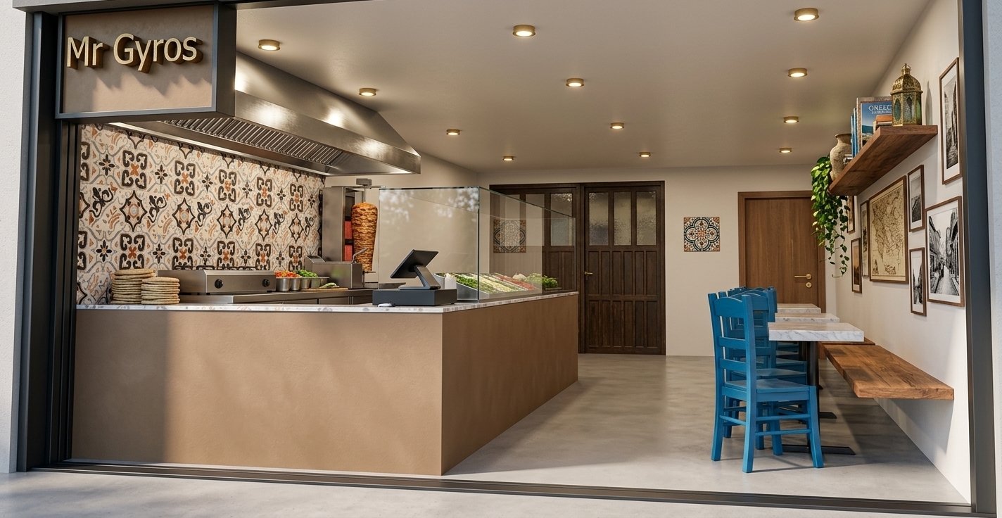 An incredibly lifelike, richly detailed, photorealistic wide-angle interior photo of a cozy "Mr. Gyros" street food eatery designed with a curated "traveler's trove" aesthetic, set in a trendy urban corner. The scene is illuminated by warm, recessed ceiling spotlights and soft natural light pouring in from the front, creating a welcoming, nostalgic, and vibrant atmosphere. Captured with a professional 24mm lens, emphasizing the rich textures of handmade materials and bright accents, the space showcases a worldly, eclectic blend of worldly charm and cultured design. The clean-lined counter, finished in matte earth-toned plaster, is accented by hand-painted ceramic tiles featuring intricate global patterns, leading toward a kitchen area with a polished stainless steel hood. In the dining nook, a modern floating wooden wall shelf displays an artistic stack of photography books, travel-themed decor, and cascading indoor plants, while travel-inspired wall art hangs elegantly nearby. This mix of vintage and modern elements is heightened by a row of vibrant, Aegean-blue wooden dining chairs paired with sleek marble-topped tables. In the background, a clean-finished door tastefully hints at a private, equally layered, traveler-styled bathroom, completing this unique, adventurous retreat.