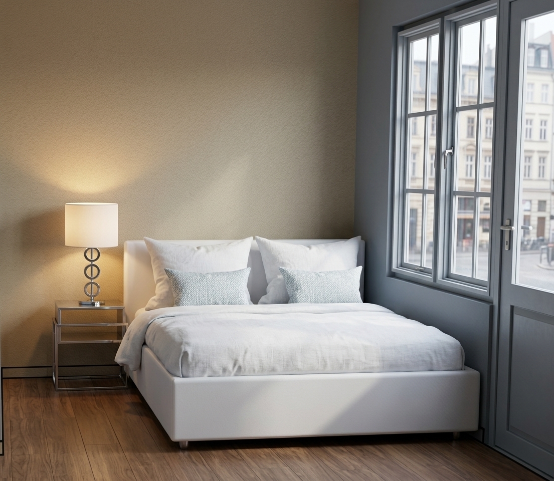 An incredibly lifelike, richly detailed, photorealistic interior photo of a mid-century modern hotel room set in a sophisticated urban boutique hotel. The scene is illuminated by soft, natural daylight filtering through the large multi-pane windows, paired with a warm, comforting glow from the bedside lamp, creating a serene and inviting atmosphere. Captured with a professional 35mm lens, emphasizing the intricate textures of the wall coverings and cozy linens, the design features a sleek, low-profile white platform bed dressed in crisp white bedding, accented by plush pillows in a delicate, textured pale-blue-and-white print. The minimalist chrome-framed nightstand holds a matching modernist table lamp with a reflective ring-style base. Behind the bed, a warm, sand-textured accent wallpaper creates a striking contrast with the adjacent cool slate-gray painted walls, highlighting a harmonized modern color combination. The warmth of the medium-toned walnut wood flooring anchors the clean architectural lines of the gridded windows and matching gray entrance door, blending timeless mid-century elegance with contemporary comfort.