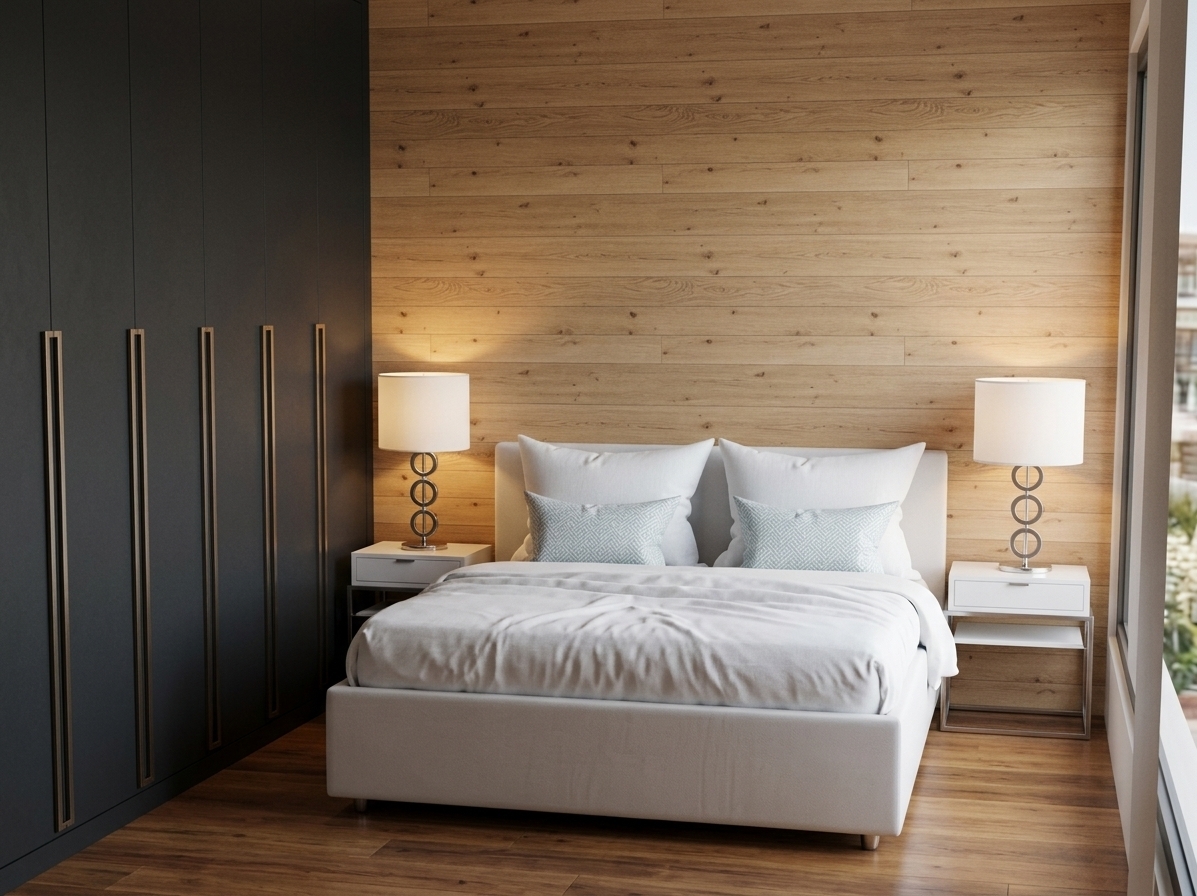 An incredibly lifelike, richly detailed, photorealistic wide-angle interior shot of a sophisticated mid-century modern hotel room set in a luxury boutique resort. The scene is illuminated by soft, natural warm daylight filtering from the side window and the ambient glow of bedside lamps, creating a serene, calm, and cozy atmosphere. Captured with a professional dSLR camera and a standard prime lens, emphasizing the rich wood grains, smooth textile folds, and tactile finishes, the room centers on a low-profile bed dressed in crisp white linens and accented by patterned light-blue and white cushions. The headboard rests against an elegant accent wall of horizontal-planked light oak wood, flanked by two minimalist white lacquered nightstands with slim frames. Sculptural table lamps with polished steel ring bases and classic white drum shades cast a gentle glow on either side. On the left, a built-in floor-to-ceiling wardrobe in a striking matte charcoal finish features long, recessed brushed-bronze handles, perfectly coordinating with the warm wood flooring beneath.