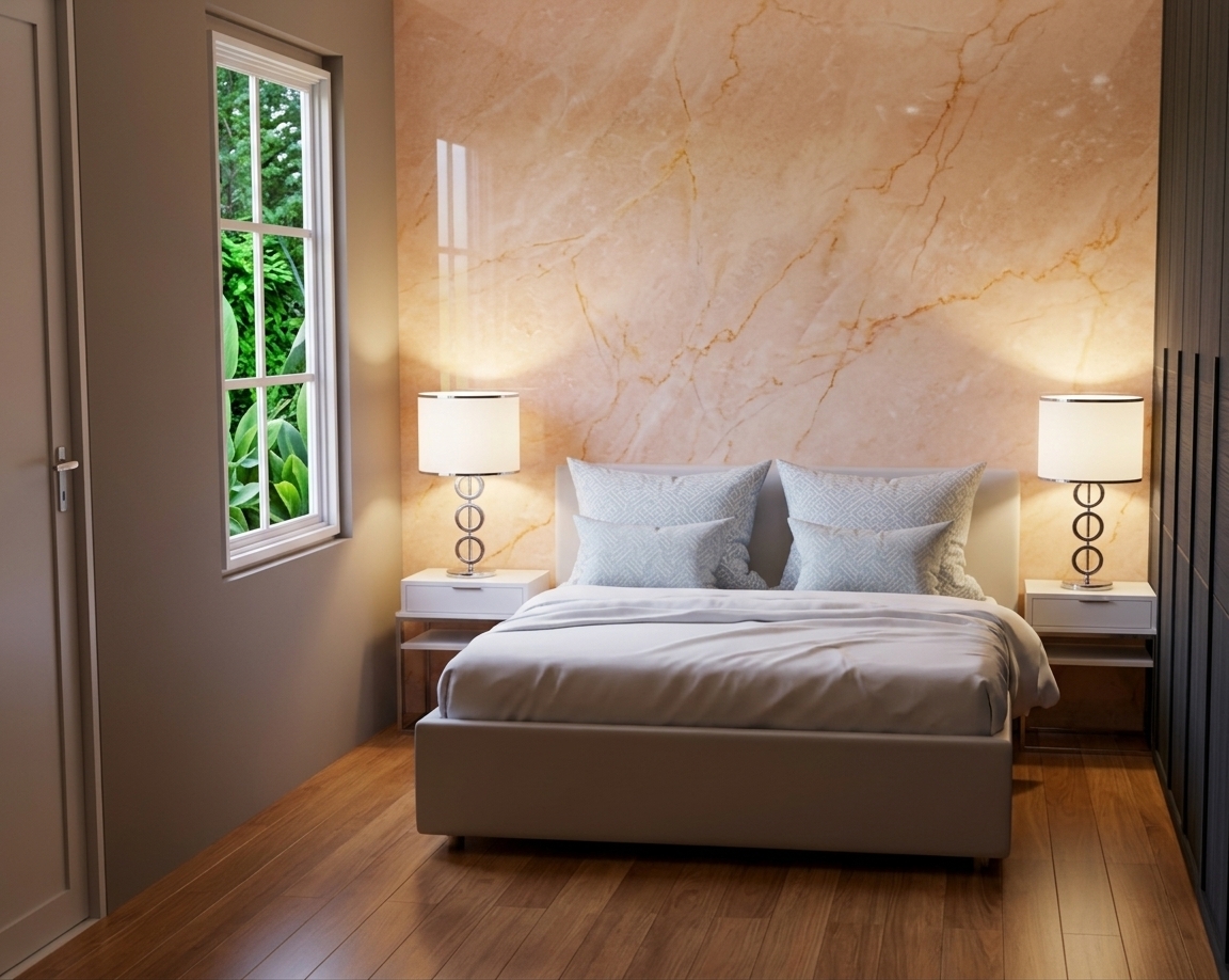 An incredibly lifelike, richly detailed, photorealistic straight-on medium shot of a mid-century modern hotel bedroom set in a luxury boutique hotel. The scene is illuminated by warm, soft light emanating from the bedside lamps and gentle twilight filtering through the window, creating a serene and sophisticated atmosphere. Captured with a 35mm lens, emphasizing the veined texture of the beige marble accent wall, the soft sheen of the white linens, and the smooth grain of the wood floor, the room exudes high-end comfort. In the center, a low-profile white bed is dressed in crisp white duvet covers and complemented by pale blue-gray patterned throw pillows, positioned symmetrically against a stunning feature wall of polished peach-toned marble with delicate amber veining. Flanking the bed, modernist white floating nightstands support sculptural bedside lamps with interlocking chrome ring bases and neat white drum shades. To the left, a matte taupe wall features a tall, slender window framing vivid green garden foliage, while a dark, charcoal-wood paneled wardrobe runs along the right, adding depth. The entire space is anchored by smooth, medium-toned hardwood flooring that reflects the inviting, warm glow.