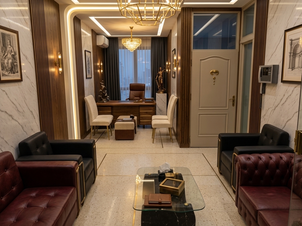 An incredibly lifelike, richly detailed, photorealistic wide-angle interior shot of a prestigious retro-futuristic law office set in a high-rise downtown suite. The scene is illuminated by glowing architectural cove lights and a spectacular, low-hanging golden geometric chandelier complemented by warm brass wall sconces, creating a sophisticated, powerful, and cinematic atmosphere. Captured with a Hasselblad H6D-100c and a 24mm prime lens, emphasizing the rich grains of the walnut timber paneling, polished travertine floors, and the subtle sheen of hand-tufted leather.

This reimagined, high-end legal office seamlessly fuses mid-century retro-futurism with classic, prestigious authority. The standard tiles have been replaced by seamless, cream-toned terrazzo floor slabs adorned with delicate brass line inlays. In the main reception area, the seating is elevated to luxury status, featuring deep burgundy top-grain leather sofas with beautifully executed classic button tufting, paired with low-profile matte black accent armchairs. A sleek, monolithic black-marble coffee table sits in the center, catching the ambient golden glow. Down the visual corridor, the inner executive desk is crafted from solid walnut with curved, aerodynamic retro lines, backed by a majestic leather director's chair. Elegant cream-colored bouclé guest chairs with slender brass legs frame the desk. On a dedicated marble plinth, a polished bronze Statue of Justice stands with clean, modern lines, acting as a dramatic focal point beneath the warm, diffuse light of the low-hanging chandelier. The walls are cloaked in alternating panels of fluted dark oak and book-matched white marble, while tall, heavy charcoal drapes frame a large window, suggesting an evening city skyline view that completes this exceptionally chic, upscale workspace.