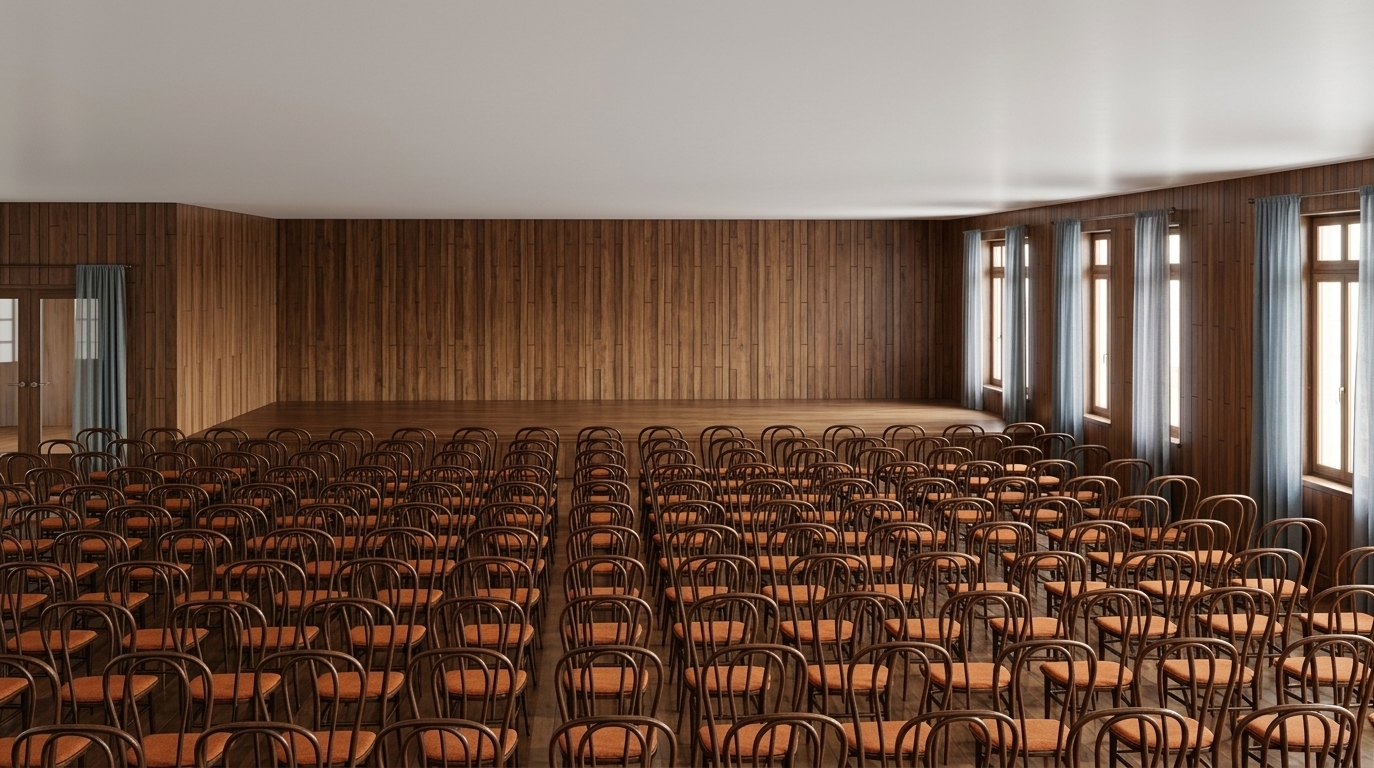 An incredibly lifelike, richly detailed, photorealistic wide-angle interior photo of a grand seminar and collaborative assembly hall within a mid-century modern coworking space set in a vibrant urban district. The scene is illuminated by gentle daylight streaming through tall side windows, casting soft shadows across the floor and creating a warm, focused, and timeless atmosphere. Captured with a high-end architectural lens, emphasizing the rich, organic textures of the walnut-paneled walls and the geometric rhythm of the seating. The uncluttered, expansive space showcases rows of iconic teak bentwood chairs with comfortable warmth-giving orange upholstered cushions, perfectly blending retro design with clean, linear functionality. Light, muted blue and grey sheer curtains frame the windows, offering a soft contrast to the deep, earthy wood tones of the walls and the polished timber floor. In the background, a sleek, clutter-free wooden stage stands beneath a pristine white ceiling, evoking a simple yet sophisticated environment designed for inspiring presentations and mindful community gatherings.