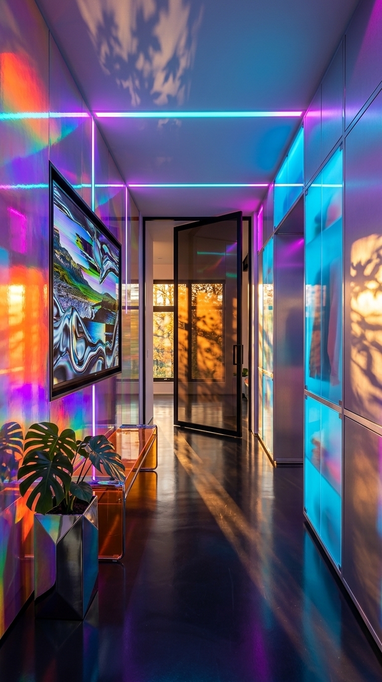 An incredibly lifelike, richly detailed, photorealistic wide-angle interior shot of a futuristic hallway reimagined as a Techno Wonderland, set in a contemporary avant-garde home during an autumn sunset. The scene is illuminated by a dramatic mix of warm, low-angled golden sunlight slicing through a distant window and the pulsating hyper-saturated glow of cyan and magenta LED strips, creating a surreal, high-energy mood atmosphere. Captured with a 24mm f/2.8 lens on a full-frame camera, emphasizing the reflective metallic surfaces, the intricate depth of holographic wall panels, and the sleek gloss of a polished resin floor.

In this reimagined hallway, the original drab passage is completely transformed into a dynamic, immersive digital canvas. The plain white walls on the left are replaced by iridescent, holographic panels that shift colors from fiery orange to cool electric violet depending on the viewing angle. Where the small round mirror once hung, a large, custom-framed digital display showcases high-definition glitch art—distorted landscapes and liquid chrome animations that ripple with cybernetic energy. 

On the right, the old closets have been replaced by an integrated, modular storage system made of brushed aerospace-grade aluminum and translucent neon-blue acrylic panels. The storage units are back-lit, casting soft, colorful silhouettes of the items stored within. Down the center of the hall, the floor is a seamless, dark self-leveling epoxy resin with a liquid gloss finish that perfectly mirrors the surrounding neon lights and the golden shafts of sunset.

At the far end, the standard white door is replaced with a smart-glass pivot door framed in matte-black steel, allowing glimpses of the outdoor autumn landscape. The golden-orange sunset light filters through the autumn foliage outside, casting long, organic shadows of leaves across the hallway's geometric lines. This interaction between the natural, fading warmth of autumn and the artificial, high-contrast techno-lighting creates a striking visual harmony.

Enhancing the space's futuristic yet inviting feel is a minimalist, cantilevered bench made of polished chrome and warm orange tinted plastic. Beside the bench, a tall, geometric chrome planter holds a lush split-leaf philodendron, its deep green leaves catching both the natural sunset glow and a purple UV grow-light integrated into the ceiling. 

The composition of the space utilizes the long hallway's natural perspective to create a dramatic sense of depth. There is a playful tension between the organic shapes of the indoor foliage and the rigid, high-tech modular furniture. The design perfectly respects the human scale, turning what was once a confined, forgotten corridor into a sensory-rich threshold that elevates the transition between rooms into an unforgettable experience.