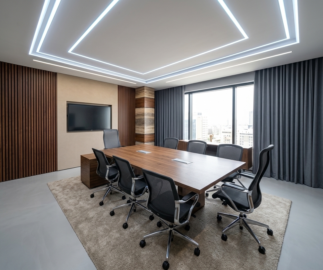 An incredibly lifelike, richly detailed, photorealistic wide-angle interior shot of a sophisticated contemporary conference room set in a high-rise corporate suite. The scene is illuminated by bright, natural midday spring sunlight diffusing through a massive, draped picture window, seamlessly balanced by a futuristic integrated neon LED lighting system nestled within the geometric ceiling recesses, creating a brilliant, clean, and professional atmosphere. Captured with a professional full-frame camera and a 24mm wide-angle lens, emphasizing the organic richness of the polished wooden textures and the sleek, high-tech metallic finishes of the executive furniture.

The central focus of this elegant meeting space is a magnificent, rectangular conference table crafted from premium American walnut, displaying a satin-smooth finish that gently catches the surrounding reflections. Set neatly into the table’s surface are minimalist silver connectivity panels. Surrounding the table is a set of premium ergonomic executive chairs dressed in high-density charcoal mesh with polished chrome armrests and bases, standing poised on sleek black casters.

Directly overhead, a beautifully engineered ceiling design commands attention; it features clean, geometric channels framing a central circular motif, all outlined with flush-mounted, continuous cool-white neon LED strips that cast a soft, futuristic ambient glow. 

The walls are treated with an exquisite mix of architectural finishes. To the left, vertical timber slats in a warm mahogany stain frame a smooth, sand-colored accent wall panel, which holds a sleek, flush-mounted digital board. A striking, layered column with alternating bands of rich wood and stone anchors the corner of the room. Beneath the table, a plush, low-pile wool rug in an earthy oatmeal tone cushions the floor, resting atop a flawless, seamless light gray resin screed. 

To the right, next to the immense window framed by slate-gray drapery, stands a minimalist dark wood credenza. Just above it, a finely framed piece of abstract artwork in deep blues adds a final touch of gallery-tier sophistication. Every material, from the micro-textures of the mesh seating to the subtle dust motes catching the soft spring daylight, is captured with stunning clarity, creating an exquisite visualization of forward-thinking workspace design.