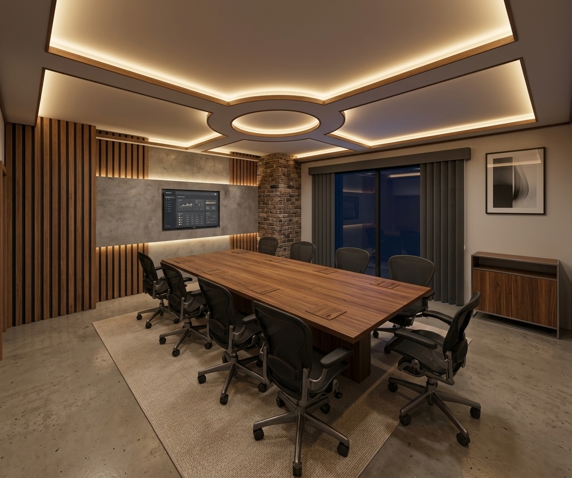 An incredibly lifelike, richly detailed, photorealistic wide-angle interior shot of a sophisticated meeting room set in a modern industrial loft. The scene is illuminated by hidden warm LED cove lighting glowing from the geometric coffered ceiling and accent walls, contrasted by the deep, cool dark atmosphere of a spring night visible through the large window, creating a serene, highly professional, and focused atmosphere. Captured with a 24mm architectural lens, emphasizing the rich wood grain of the long central table, the tactile vertical wooden slats on the accent wall, and the sleek, matte-black mesh of the ergonomic executive chairs. The table is anchored on a low-pile beige area rug over polished neutral concrete flooring, surrounded by structural highlights like a textured masonry corner column and a large window framed by deep gray vertical blinds. A framed art piece hangs on the side wall above a sleek wooden storage credenza, completing this upscale, high-end corporate space.