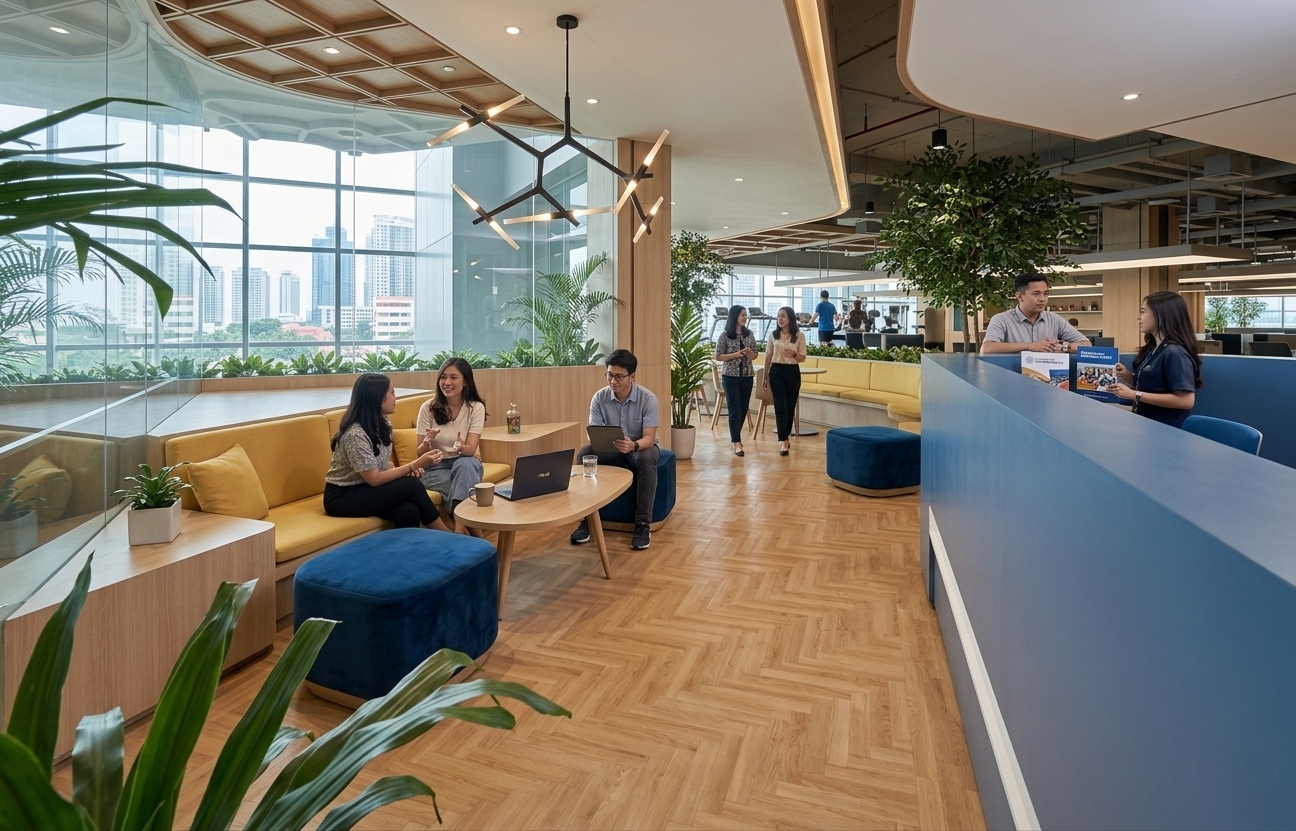 An incredibly lifelike, richly detailed, photorealistic wide-angle interior shot of a bustling office reception and co-working space set on the third floor of a prestigious building in Cilandak Barat, South Jakarta. The scene is illuminated by bright, natural midday spring light streaming through expansive glass windows, creating a vibrant, productive, and welcoming atmosphere. Captured with a professional 24mm wide-angle architectural lens, emphasizing the warm texture of the light-toned herringbone wooden floors, the sleek matte-blue partitions, and the sophisticated geometric wood-grid ceiling accents. 

This modern minimalist space seamlessly fuses with semi-industrial elements. On the right, a professional front desk receptionist actively guides two prospective guests through educational brochures from Universitas Prasetiya Mulya. To the left, a cozy lounge area with light wood banquette seating, yellow cushions, and deep blue velvet poufs serves as a vibrant hub where two female students chat animatedly, accompanied by a male student focused on an iPad, with an open ASUS laptop resting on a low wooden coffee table. The bustling energy continues into the background, where female employees converse and walk towards their workstation cubicles, while further back, a casual relaxation zone features active employees, including one utilising a treadmill for a quick fitness break. Through the sprawling double-height glass facade, the towering high-rise skyline of South Jakarta stands as a dramatic, professional backdrop, completing this high-end, functional urban sanctuary.