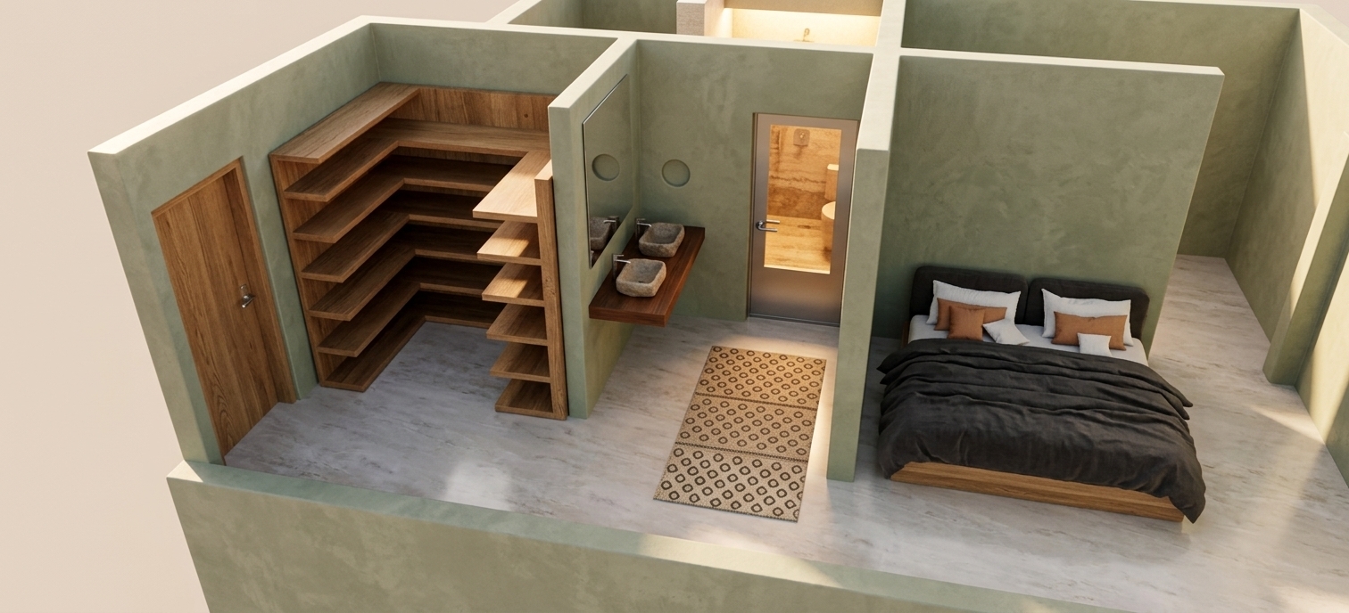 An incredibly lifelike, richly detailed, photorealistic elevated cutaway interior photograph of a minimalist desert retreat suite set in the serene, arid landscape of the American Southwest. The scene is illuminated by brilliant, sun-drenched afternoon light spilling across the floors, creating a warm, tranquil, and deeply inviting atmosphere. Captured with a professional medium-format camera and a 35mm architectural lens, emphasizing the tactile matte quality of the sage-green adobe plaster walls, the rich organic grain of the rustic wooden shelving, and the subtle, cool-toned veins of the polished stone floor. 

Within this open-concept architectural sanctuary, a low-profile platform bed is dressed in luxurious dark charcoal linens, balanced by crisp white and warm terracotta accent pillows that nestle against the textured green accent wall. To the left, a spacious, bespoke walk-in closet is meticulously crafted from thick, warm oak timber, offering an elegant display of empty, minimalist shelves ready for curation. Beside it, a floating wooden vanity deck holds two rustic, hand-carved stone vessel sinks beneath a clean, modern rectangular mirror, exemplifying a beautifully pared-down design. A small, patterned woven rug lies on the stone floor, guiding the eye toward a sleek glass-paneled door that opens to an en-suite bathroom bath in warm, golden sun-drenched light from above.