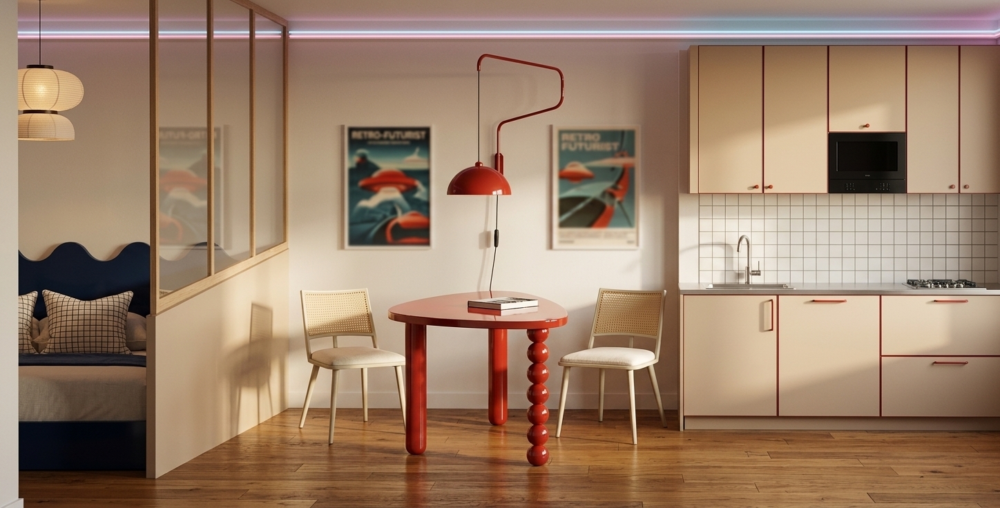 An incredibly lifelike, richly detailed, photorealistic wide-angle interior photo of a retro-futuristic dining and studio space set in a stylish, sunlit urban loft. The scene is illuminated by soft, natural afternoon light streaming from an off-camera window, casting gentle shadows and highlighting the pastel color palette, creating a nostalgic yet space-age atmosphere. Captured with a professional 35mm architectural lens, emphasizing the rich wood grain of the oak flooring, tactile cane chair backs, and the glossy lacquer of the statement furniture, the composition highlights a bold, organic-shaped red dining table with sculptural legs—including one made of stacked glossy spheres. Placed around the table are modern mid-century chairs with woven cane backrests and ivory cushions, sitting beneath a sleek, sweeping red dome pendant lamp. To the right, a stylized minimalist kitchen blends warm beige cabinetry with subtle red hardware trims and a classic white grid-tile backsplash. To the left, a semi-sheer frosted glass partition reveals a cozy bedroom featuring a wavy navy-blue headboard and a spherical paper lantern, while retro-futuristic details like subtle neon ceiling trim, a glossy photography book, and vibrant sci-fi poster art styled on a nearby wall complete this impeccably designed, streamlined interior.