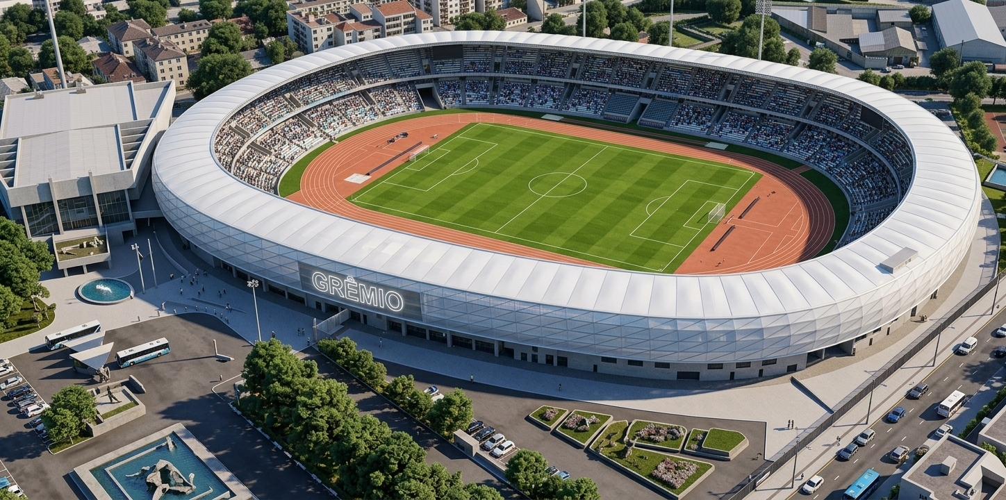 An incredibly lifelike, richly detailed, photorealistic aerial high-angle shot of a state-of-the-art sports stadium set in a clean, modern urban environment. The scene is illuminated by bright, clear afternoon sunlight, creating a vibrant and energetic atmosphere. Captured with a high-resolution drone camera, emphasizing the smooth, pillowy texture of the white translucent membrane roof, the vibrant green shades of the playing field, and the crisp terracotta running track. In this minimalist sporting haven, the towering floodlight poles have been completely removed from the pitch area for a sleek, unobstructed look. On the stadium's exterior facade, a large, modern luminous sign casting a bright white glow proudly displays the name "GRÊMIO," integrating perfectly with the stadium's contemporary architectural design.