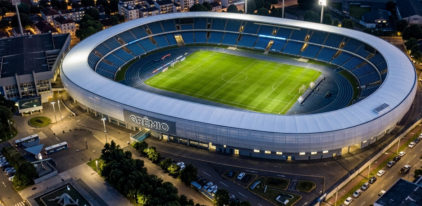 An incredibly lifelike, richly detailed, photorealistic wide-angle aerial shot of the iconic Grêmio football stadium set in a dense urban environment at night. The scene is illuminated by brilliant, powerful stadium floodlights and a warm glow from surrounding street lamps, creating a vibrant, energetic, yet clean and minimalist atmosphere. Captured with a high-resolution professional camera, emphasizing the smooth, glowing white curve of the oval canopy roof, the lush green textures of the illuminated pitch, the deep blue of the spectator seating, and the crisp geometry of the surrounding plazas, parking slots, and modern streets glowing softly under the dark night sky.