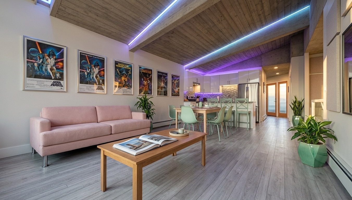 An incredibly lifelike, richly detailed, photorealistic wide-angle interior shot of a retro-futuristic open-plan living and dining space set in a stylish, high-ceilinged modernist apartment. The scene is illuminated by a mix of warm afternoon daylight filtering in from a side window and cool, vibrant neon LED light strips tucked into architectural recesses, creating a nostalgic yet space-age atmosphere. Captured with a 24mm architectural lens, emphasizing the striking geometric volumes, sleek stylized surfaces, and vibrant contrast of materials, the rendering beautifully translates the spacious layout. On the left, a streamlined, low-slung mid-century sofa in a soft blush-pink pastel fabric rests on gleaming chrome-cylindered legs, positioned adjacent to a sleek wooden coffee table topped with an open photography book of classic architecture. The expansive beige wall behind the sofa is adorned with framed vintage sci-fi poster wall art, casting subtle reflections from its metallic frames. In the mid-ground, a minimalist dining set with retro-futuristic molded pastel-green chairs gathered around a light wood-toned dining table leads the eye toward a streamlined kitchen equipped with stainless-steel appliances, white handleless cabinets, and glowing neon under-cabinet task lighting. Lush green indoor plants in glossy geometric ceramic planters sit in corners, enriching the space with organic life and complementing the clean, continuous light gray plank flooring that stretches toward the rear hallway under the soaring sloped ceiling.