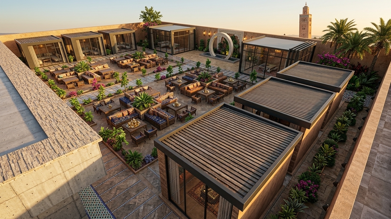 An incredibly lifelike, richly detailed, photorealistic landscape photo of a sprawling outdoor patio set in a luxurious courtyard reimagined with Moroccan mystique. The scene is illuminated by the warm, golden glow of a late afternoon sun casting soft, long shadows, creating an exotic, sensual, and vibrant atmosphere. Captured with a professional wide-angle lens, emphasizing the lush textures of carved wooden and metal furniture, ornate patterned surfaces, and vibrant Moroccan decor. In this photography-book-style setting, modern cubic pavilions are transformed into glass-walled lounge pods accented with intricate geometric wall art in rich shades of deep blues, fiery reds, and shimmering golds. Numerous outdoor seating arrangements feature plush, patterned textiles alongside low-slung carved tables, while pathways are lined with neat rows of vibrant green indoor plants and structural palms, leading back to a decorative circular feature wall that centers this luxurious Middle Eastern sanctuary.