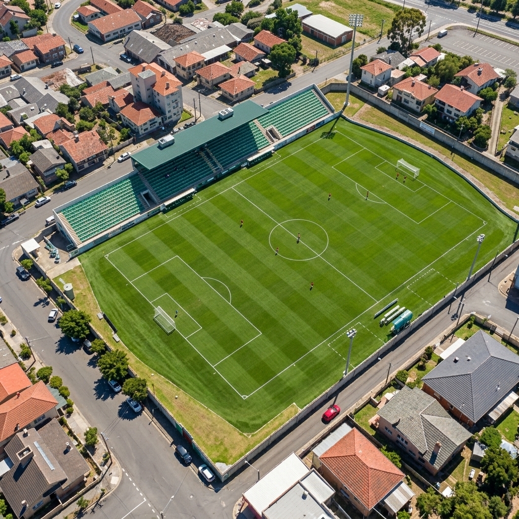 An incredibly lifelike, richly detailed, photorealistic aerial drone shot of a local municipal soccer stadium set in an urban residential environment. The scene is illuminated by bright, clear midday sunlight, creating a vibrant and energetic atmosphere. Captured with a high-resolution professional drone camera with a crisp wide-angle lens, emphasizing the incredibly sharp texture of the freshly manicured green grass turf, distinguished by clean, highly defined white pitch lines and subtle diagonal mowing stripes. 

The stadium's main grandstand is rendered with perfect clarity, highlighting its bright green plastic seats, dark-green cover, and white concrete structures. Surrounding the pitch, the dense neighborhood features highly-detailed tiled roofs of varying red and gray hues, textured asphalt streets, small parked vehicles, and surrounding trees, all captured with enhanced sharpness, realistic depth, and lifelike definition.