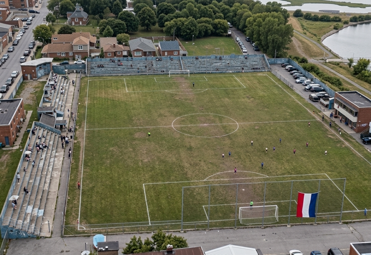 An incredibly lifelike, richly detailed, photorealistic high-angle aerial drone shot of a community soccer field set in a lively urban neighborhood. The scene is illuminated by soft, overcast afternoon daylight, creating a nostalgic and authentic neighborhood atmosphere. Captured with a professional DJI drone camera, emphasizing the weathered texture of the blue-painted concrete stands, the patchy worn grass of the playing pitch, and the sharp architectural lines of the surrounding residential houses and streets. In the foreground, a prominent red, white, and blue flag hangs proudly from the tall perimeter fence behind the goal post, rendered with crisp definition and lifelike fabric folds, highlighting a stark enhancement in clarity, sharpness, and resolution compared to the original image.