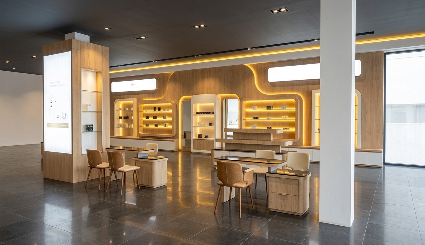 A professional architectural photograph of a modern showroom, preserving the exact geometry and layout of the original scene. The ceiling features recessed downlights casting soft cones of light, complemented by a continuous warm yellow LED strip glowing along the ceiling's upper edge. The wall partition displays and shelving units are illuminated with a cozy warm yellow backlight integrated behind the panels, creating a modern, layered depth. The floor is made of polished white ceramic tiles, smoothly reflecting the ambient light sources. All wooden finishes exhibit realistic grain textures, and the upholstered chairs feature tactile fabric details, all captured through a wide-angle lens with natural light falloff and soft, realistic highlights.
