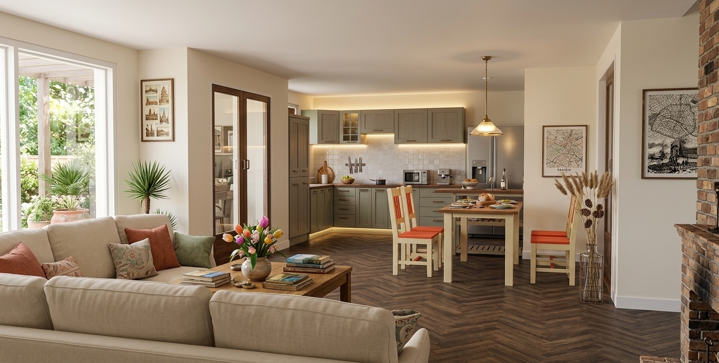 An incredibly lifelike, richly detailed, photorealistic interior photo of a curated dining and living room set in a sophisticated open-plan residence. The scene is illuminated by soft daylight streaming from large glass patio doors and warm accent lighting, creating a worldly and adventurous atmosphere. Captured with a professional 35mm lens, emphasizing the organic wood grains, soft fabrics, and layered, collected surfaces, this eclectic space embraces a nostalgic and cultured spirit, blending a fine mix of modern and vintage furniture. In the foreground, a comfortable cream-toned sofa features earth-toned throw pillows, facing a solid wood coffee table topped with global photography books and a vivid floral arrangement. Nearby, a spiked indoor palm plant adds a touch of natural vitality. The dining area acts as a vibrant centerpiece, where simple white chairs with bright terracotta accents surround a clean-lined wooden table, ready for memory-filled gatherings. The walls are adorned with unique, travel-inspired wall art that pairs beautifully with the sage-green and grey kitchen cabinetry in the background. With its rich earth tones, bright pops of color, and curated travel-themed decor, the interior presents an artistic, unique sanctuary designed for the curious traveler.