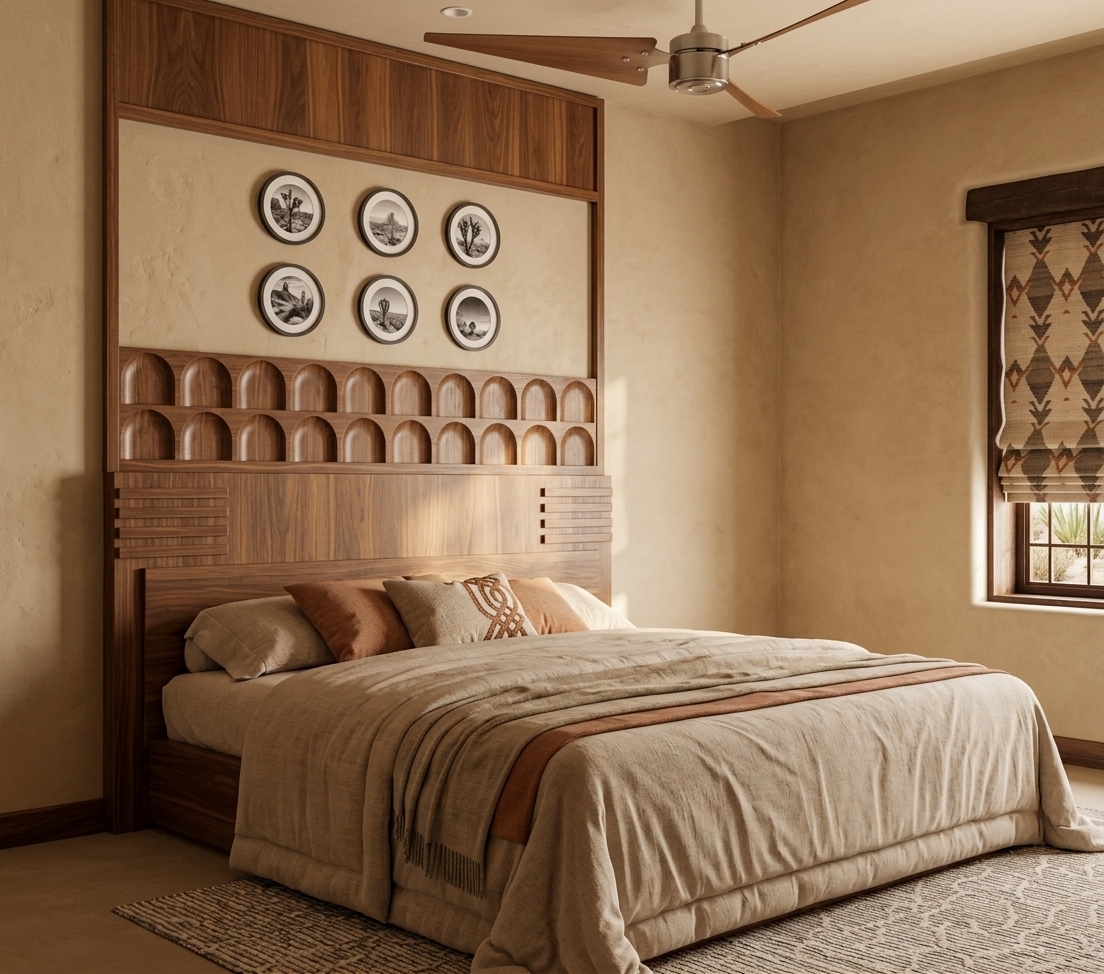An incredibly lifelike, richly detailed, photorealistic interior photo of a quiet bedroom set in a peaceful desert retreat. The scene is illuminated by warm, midday sunlight filtering softly through a window, creating a tranquil and sun-drenched atmosphere. Captured with a professional 35mm lens, emphasizing the organic texture of the adobe-style plaster walls and the rich, polished grain of the custom wood paneling, the space represents a masterclass in minimal, Southwestern design. 

The color palette is a harmonious blend of beige, warm neutrals, and rich terracotta accents, centered around a platform bed dressed in soft earth-toned linens and a deep brown throw. Behind the bed, a striking, rustic wooden headboard extends vertically to frame a curated collection of six circular black-and-white desert landscape art prints, arranged as if curated for a high-end photography book. To the right, a deep-set window framed in dark wood features a patterned Roman shade, hinting at the arid landscape just outside. This simplistic, pared-down layout, complemented by a modern white ceiling fan overhead, enhances the calm warmth of this serene desert sanctuary.
