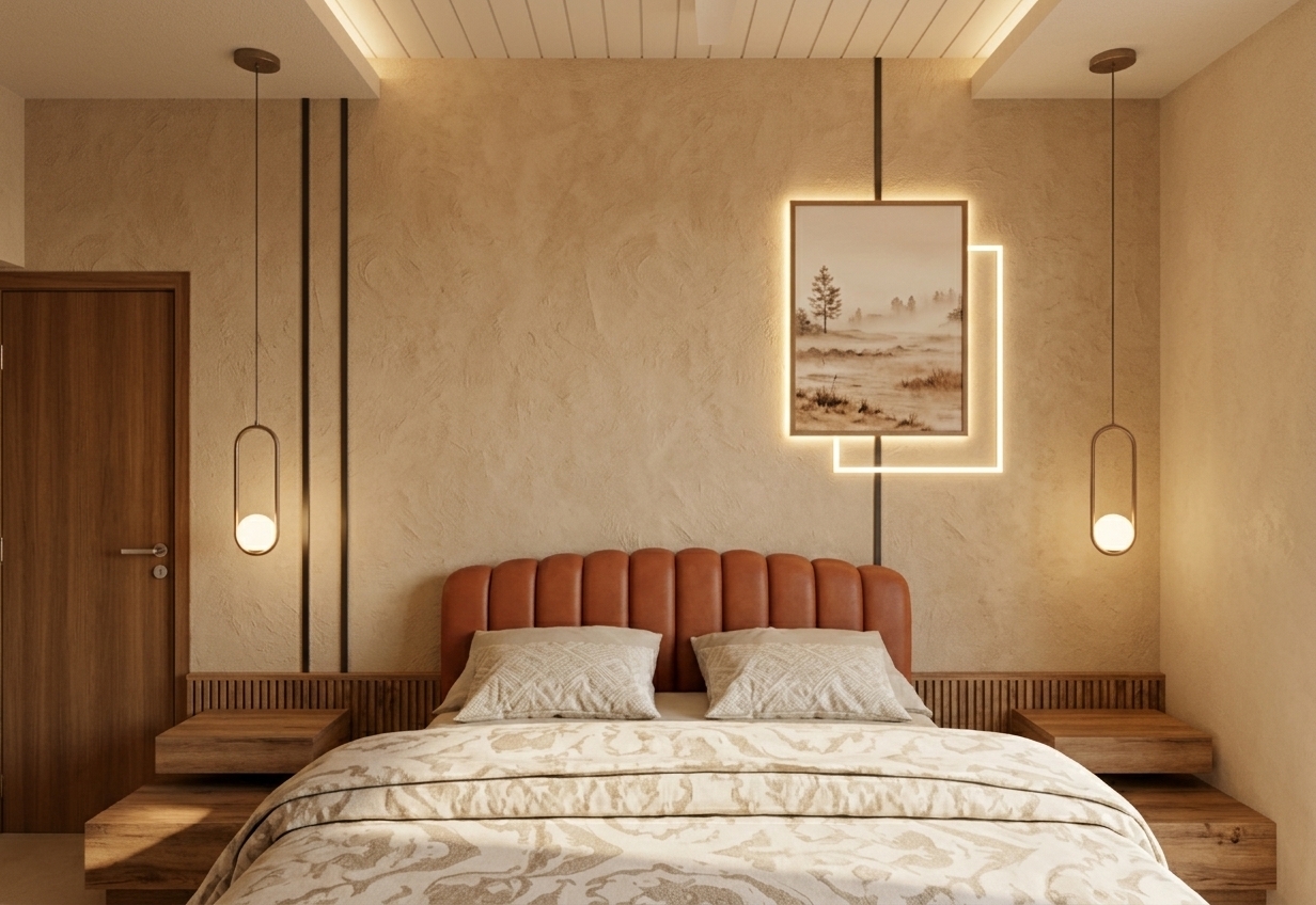 An incredibly lifelike, richly detailed, photorealistic straight-on interior photo of a minimal, earth-toned bedroom set in a tranquil desert retreat. The scene is illuminated by soft, warm midday light coupled with the gentle, inviting glow from integrated LED backlighting and dual modern orb pendant lights, creating a serene, sun-drenched, and peaceful atmosphere. Captured with a professional architectural camera and a 50mm prime lens, emphasizing the raw, stuccoed texture of the beige adobe-style walls, the rich terracotta-hued leather of the channel-tufted headboard, and the warm natural grain of the rustic wooden paneling and integrated floating side tables. The bed is dressed in elegant, neutral patterned linens in shades of beige and cream, reflecting a simplistic, pared-down aesthetic that feels curated for an upscale photography book. On the textured wall, a piece of desert landscape wall art featuring misty, arid terrain is framed by a glowing square light and Bisected by clean, dark linear accents, capturing the essence of a sophisticated southwestern sanctuary.