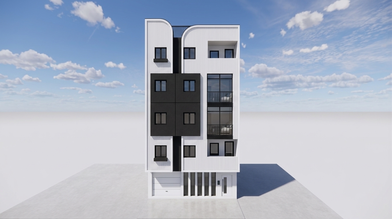 An incredibly lifelike, richly detailed, photorealistic eye-level architectural photo of a modern boutique hotel facade set in a minimalist urban environment during spring. The scene is illuminated by bright, direct midday sunlight, creating a serene, digital zen atmosphere. Captured with a professional 35mm tilt-shift lens, emphasizing the fine ridges of the white vertical siding, the deep matte-black geometric panels, and the crisp reflections in the dark-framed windows. This striking five-story structure showcases a clean, contemporary design with a stark monochromatic palette and curved contours that elegantly frame the roofline, softening the building's rectilinear profile. Behind the deep-set windows, cozy hotel rooms offer private, peaceful sanctuaries, while the exterior features integrated baclonies with delicate black railings. At the ground level, a clean white garage door and an understated entry are tucked neatly within the dark base. Soft, realistic shadows cast by the midday sun define the recesses of the windows and terraces, adding impressive depth to the building's dynamic, textured surface against a bright blue sky filled with wispy, scattered spring clouds.