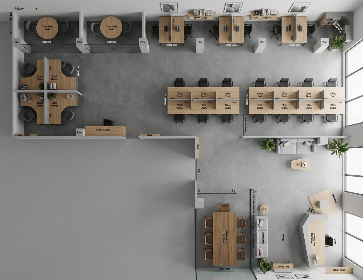 An incredibly lifelike, richly detailed, photorealistic bird's-eye floorplan photo of a modern coworking space set in a spacious, masterfully designed minimalist office haven. The scene is illuminated by simulated soft, neutral daylight pouring evenly across the layout, creating a serene, highly productive, and uncluttered atmosphere. Captured with an ultra-wide angle architectural lens, emphasizing the clean structural geometries, smooth polished gray micro-concrete flooring, and fine wood grain textures. The layout fluidly moves from intimate, semi-private discussion cabins with circular ash-wood tables and sleek charcoal-gray chairs, to expansive bays of streamlined workstations with clutter-free white oak surfaces, minimal gray partition screens, and matte-black metal office chairs. In the lower wing, the design transitions to a tranquil glass-walled meeting room containing a long, solid-wood conference table and an elegant, Zen-inspired lounge area complete with low-profile linen sofas in subtle pastel grays. Accents of green from minimalist leafy indoor plants add organic warmth, complementing the nearby structural columns, while floating shelves displaying design and photography books sit beneath understated monochromatic abstract wall art.